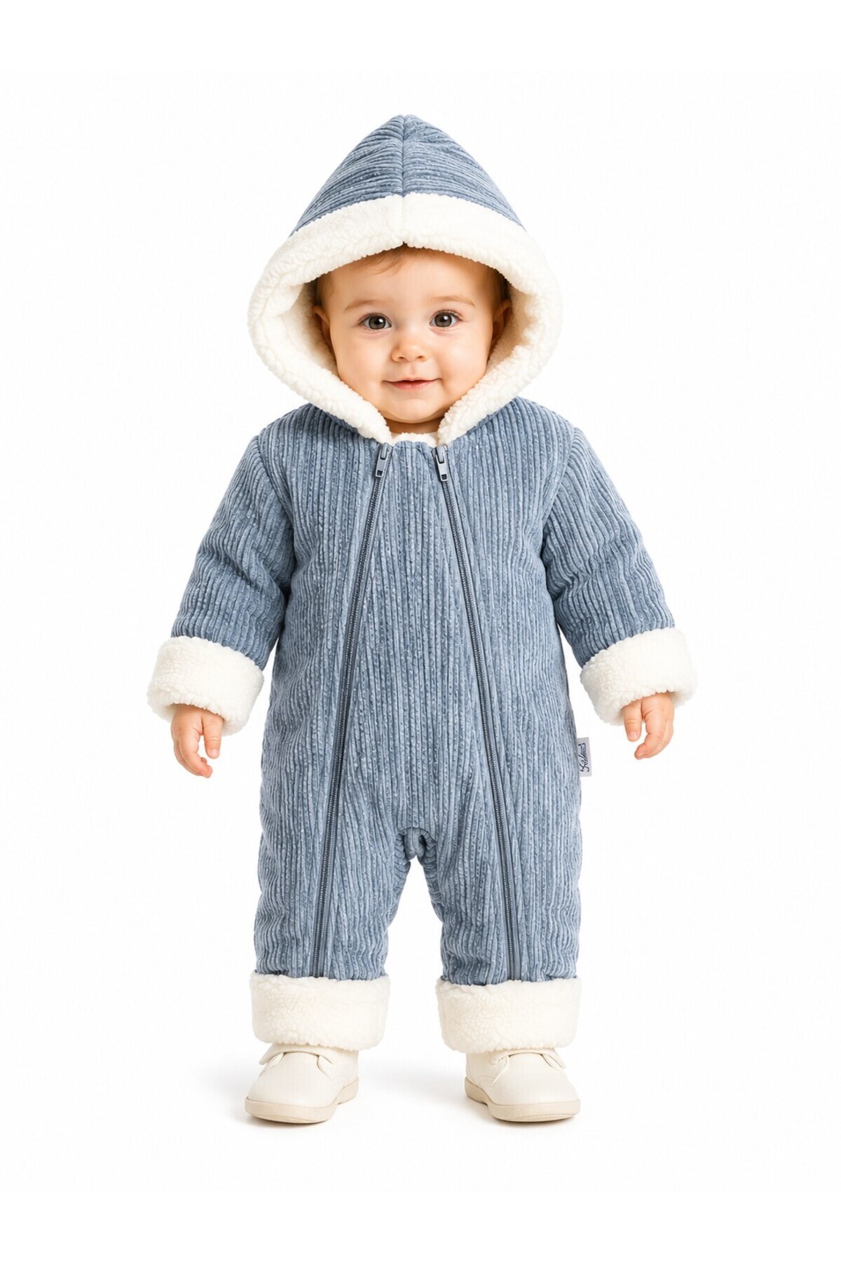 Tatlı Unisex Bebek Fitilli Kadife Kozmonot Tulum Peluş Kürklü Kapüşonlu Çift Fermuarlı Kışlık Bebek Tulumu