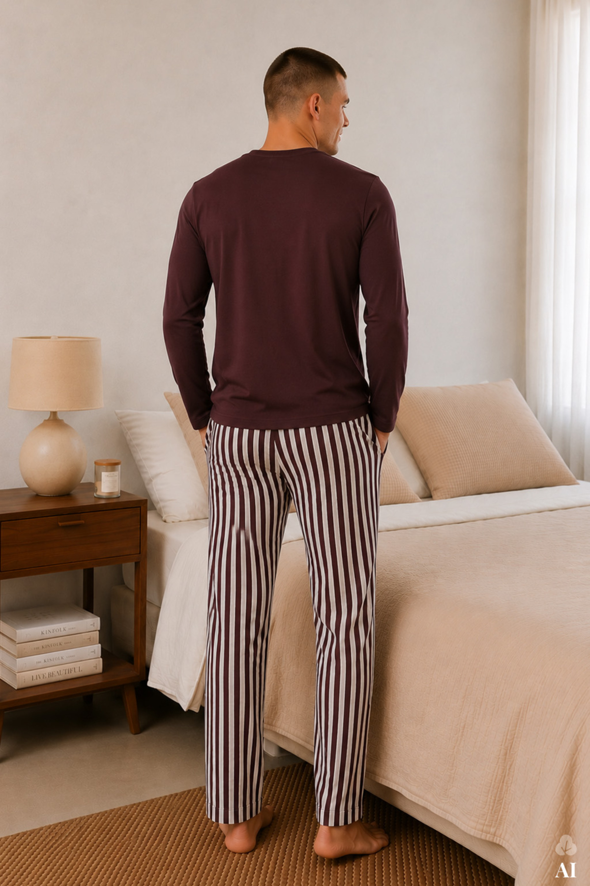 koza iç giyim Erkek Pamuklu Uzun Kollu Ayıcık Baskılı Alt Çizgili Pijama Takımı görsel 3