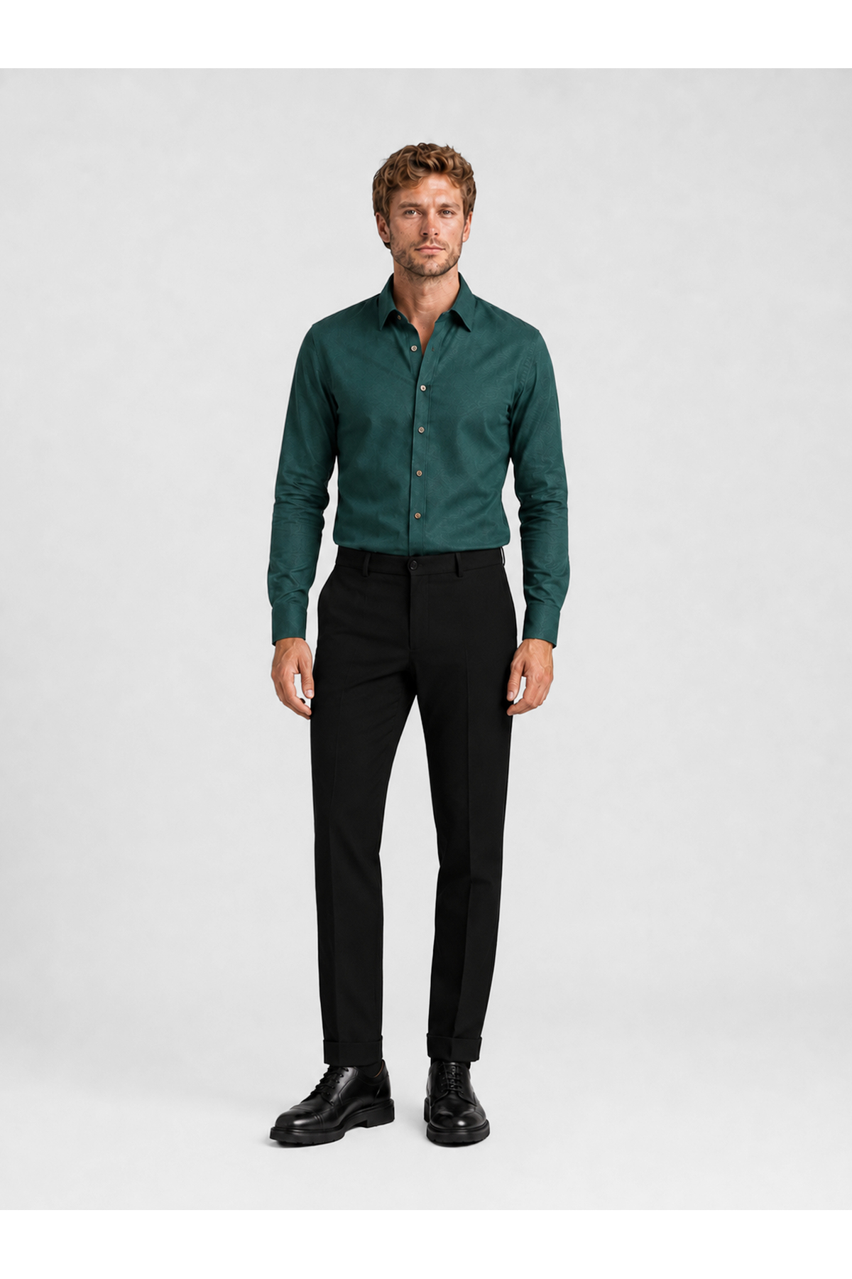 پیراهن مردانه Slimfit دکمه دار قهوه ای سبز — رنگارنگ 046 — تصویر 2 از 6