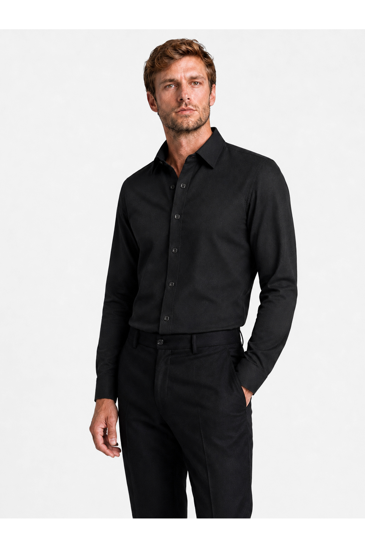 پیراهن مردانه Slimfit دکمه دار مشکی — مشکی 0466 — تصویر 3 از 6
