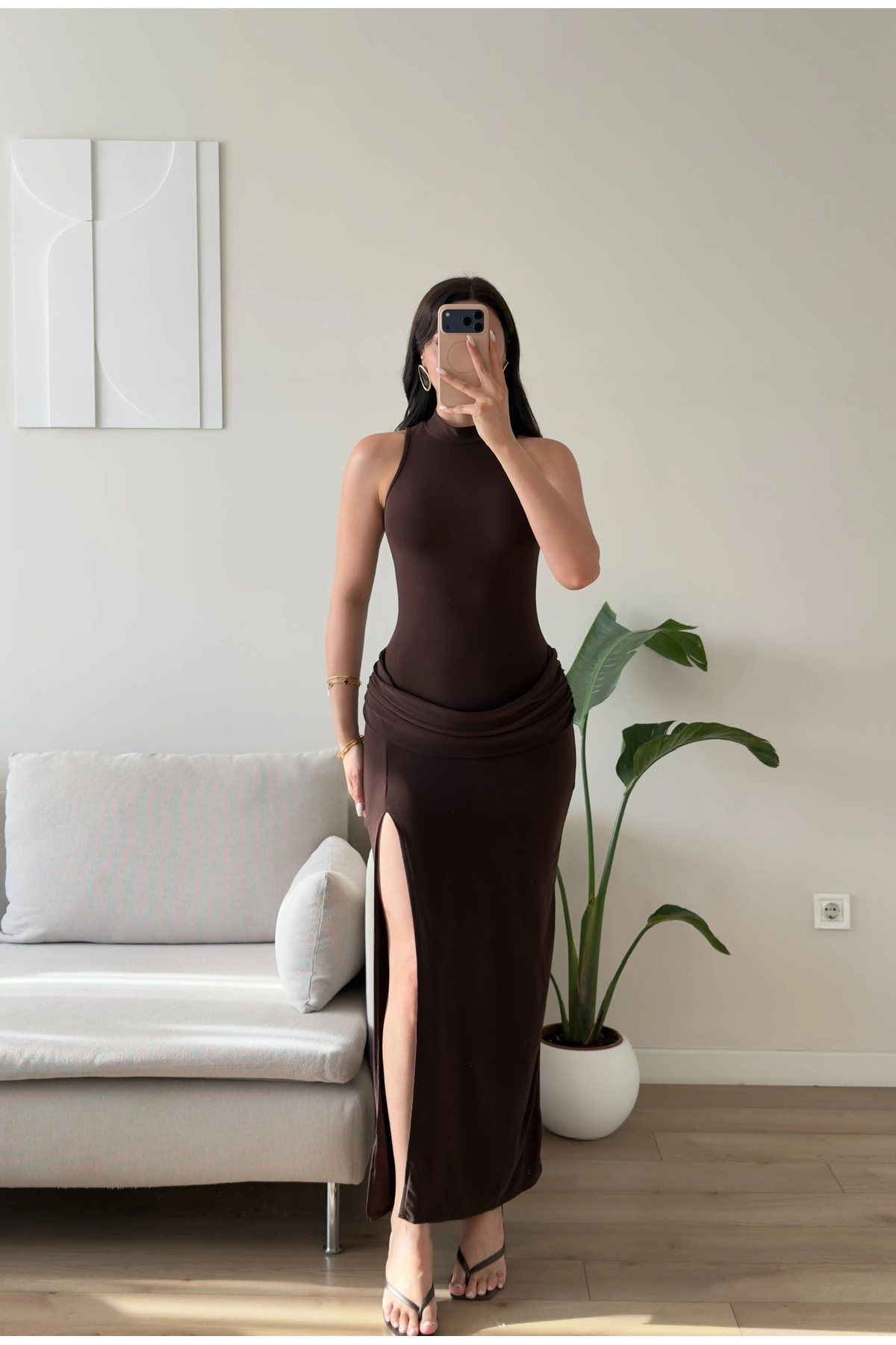 Zoom Butik Bel Drape Halter Yırtmaçlı Elbise - KAHVE görsel 3