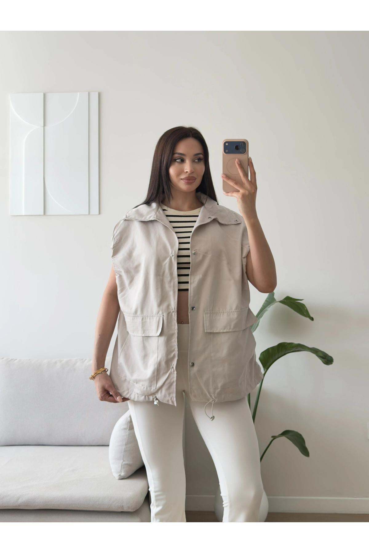 Zoom Butik Bel Büzgü Cepli Yelek - BEJ