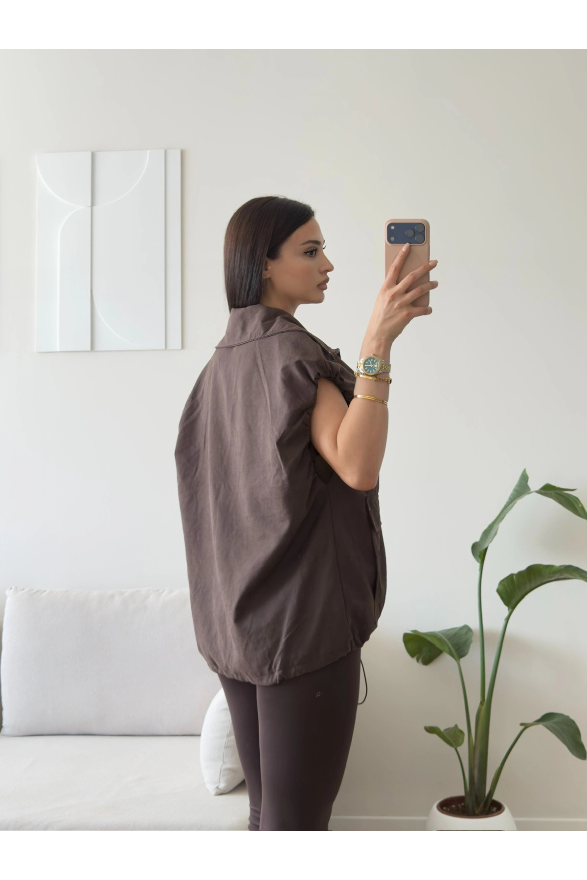 Zoom Butik Bel Büzgü Cepli Yelek - KAHVE görsel 2