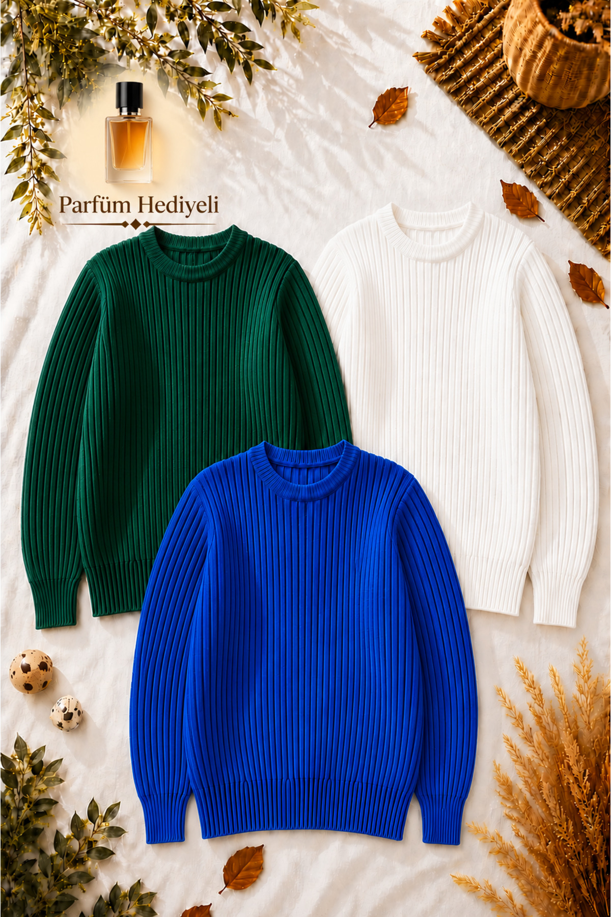 Erkek 3 Adet Premium Fitilli Triko Kazak + 100 ml Parfüm Bisiklet Yaka Slim Fit Kışlık Set