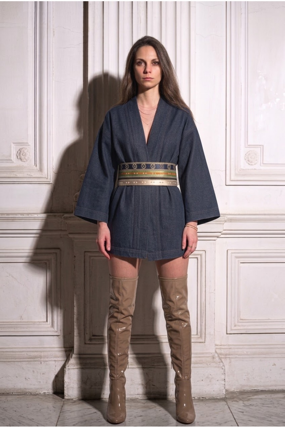 Reversible Kutnu and Denim Obi Belt, 10 cm · View 2