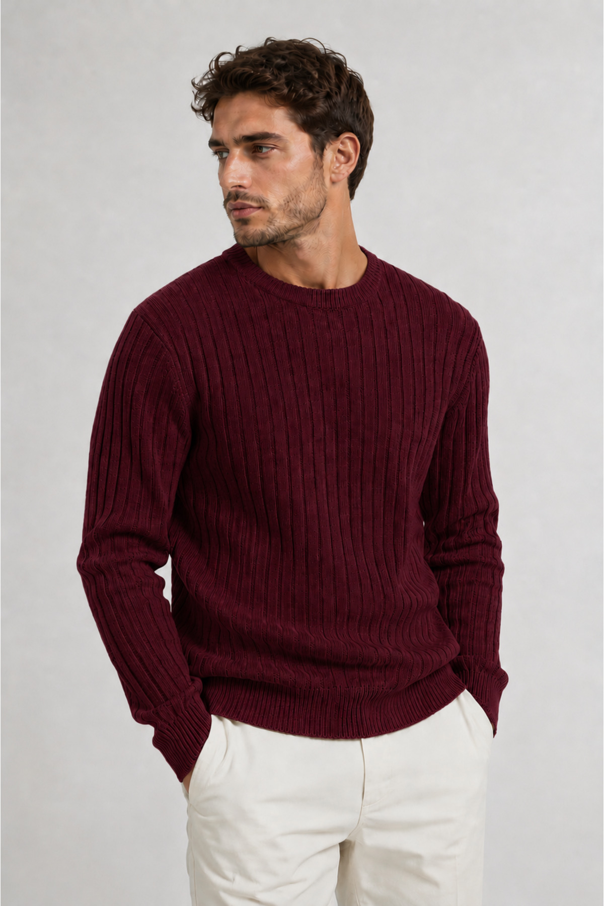 Erkek 6'lı Premium Fitilli Triko Kazak Seti Bisiklet Yaka Slim Fit Kışlık Basic