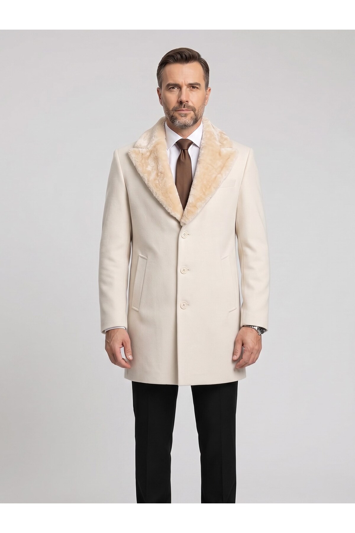Erkek Uzun Kaşe Kaban – Çıkartılabilir Kürk Yaka, Astarlı ve Cepli Slim Fit Mont — کرم PRA-13283702-768191