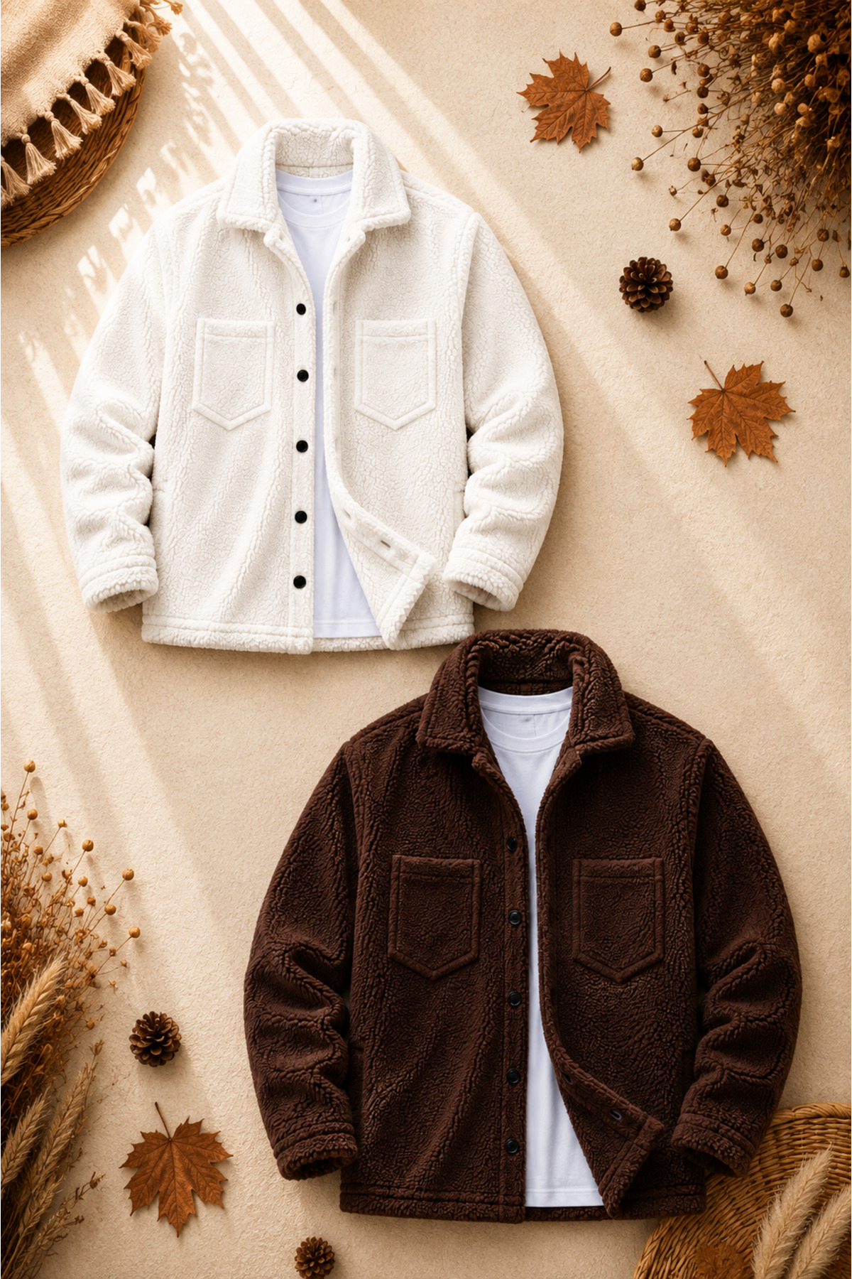 2 Adet Unisex Peluş Ceket Seti Kışlık Kalın Dokulu Düğmeli Çift Cepli Oversize Gömlek Ceket Hırka