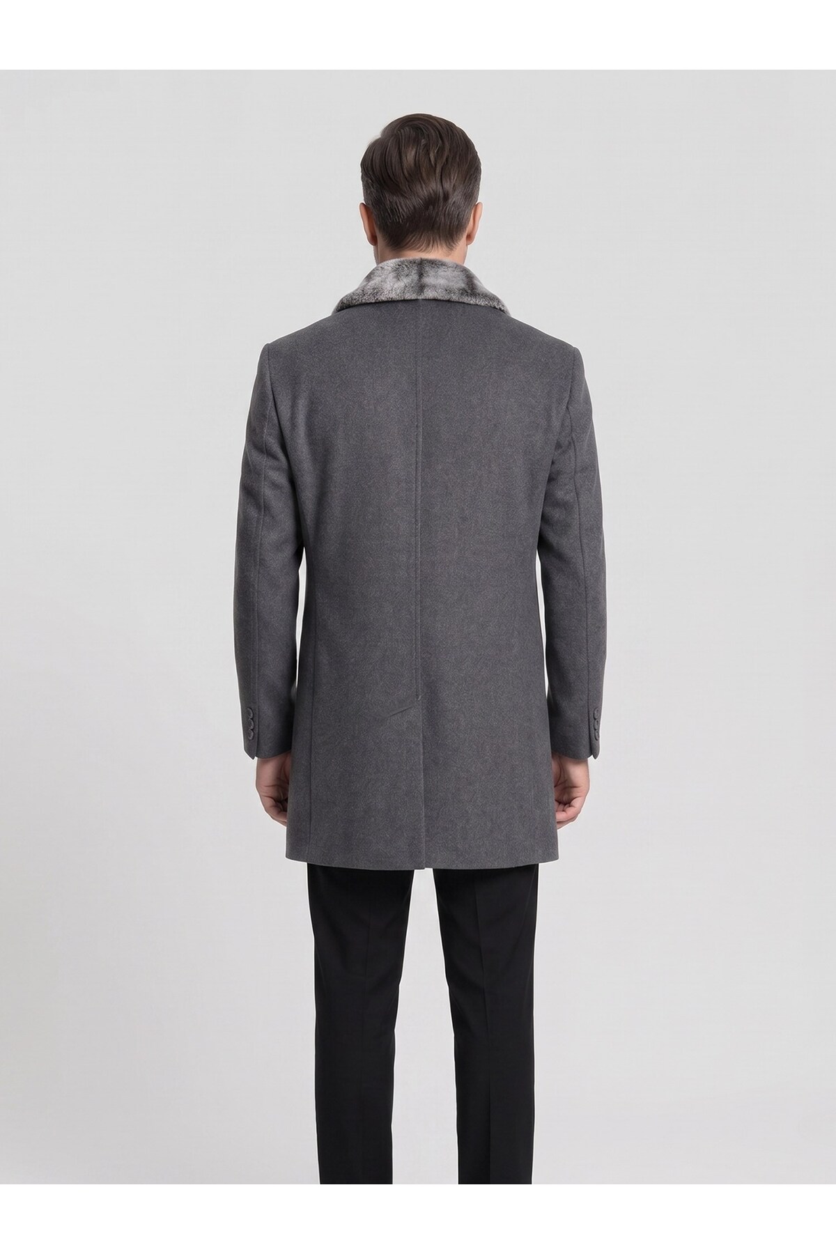 Plus Scorpion Erkek Uzun Kaşe Kaban, Çıkartılabilir Kürk Yaka, Astarlı ve Cepli Slim Fit Mont görsel 5