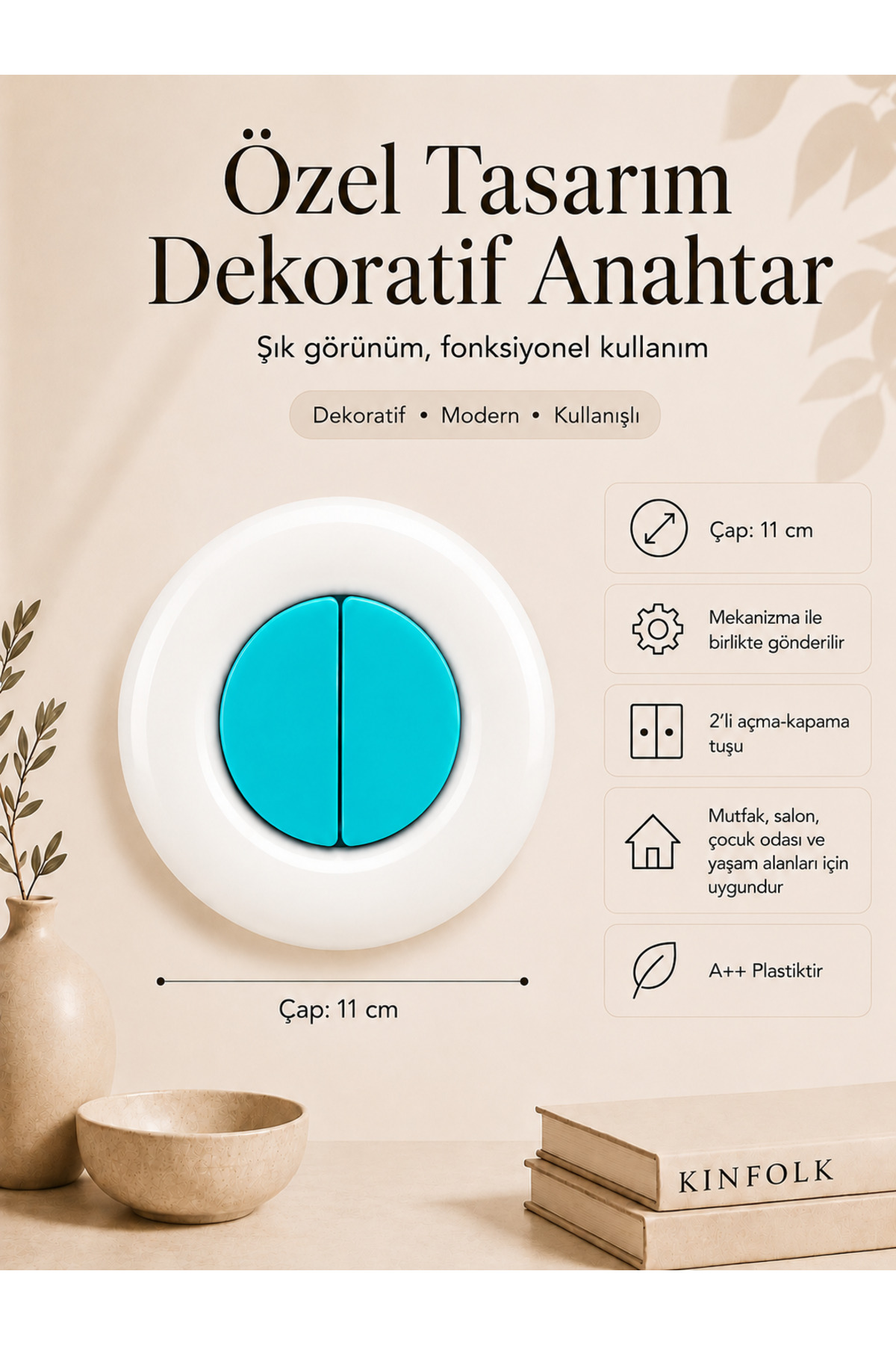 Özel Tasarım Bubble Serisi Dış Beyaz İç Turkuaz Dekoratif Komütatör Anahtar A Kalite Plastik (Mekanizma Dahildir)