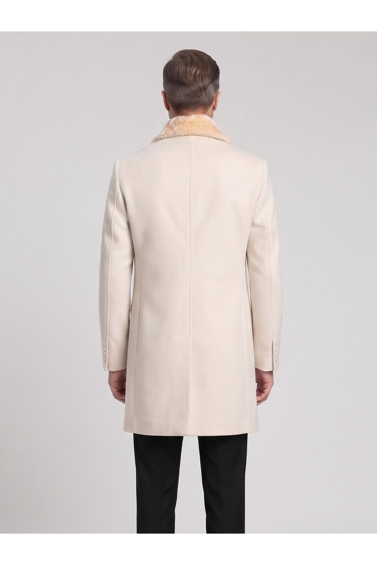 Erkek Uzun Kaşe Kaban – Çıkartılabilir Kürk Yaka, Astarlı ve Cepli Slim Fit Mont — کرم PRA-13283702-768191 — تصویر 5 از 5