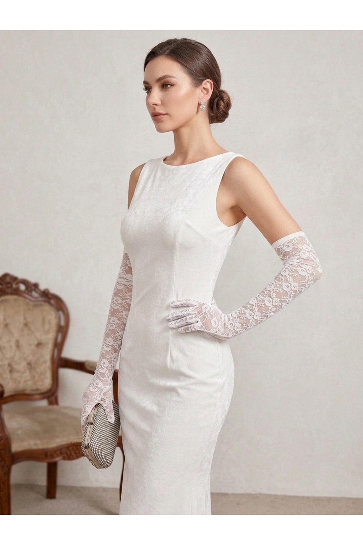 Mortex Beyaz Çiçekli Dantel Uzun Kadın Eldiven, Gelinlik, Gelin, Nikah, Düğün, Nişan, Kına, Balo, Davet, Parti, Kına Gecesi, Kostüm, Bride, Mezuniyet, Bekarlığa Veda Fotoğraf Çekimi Aksesuar Eldiveni görsel 3