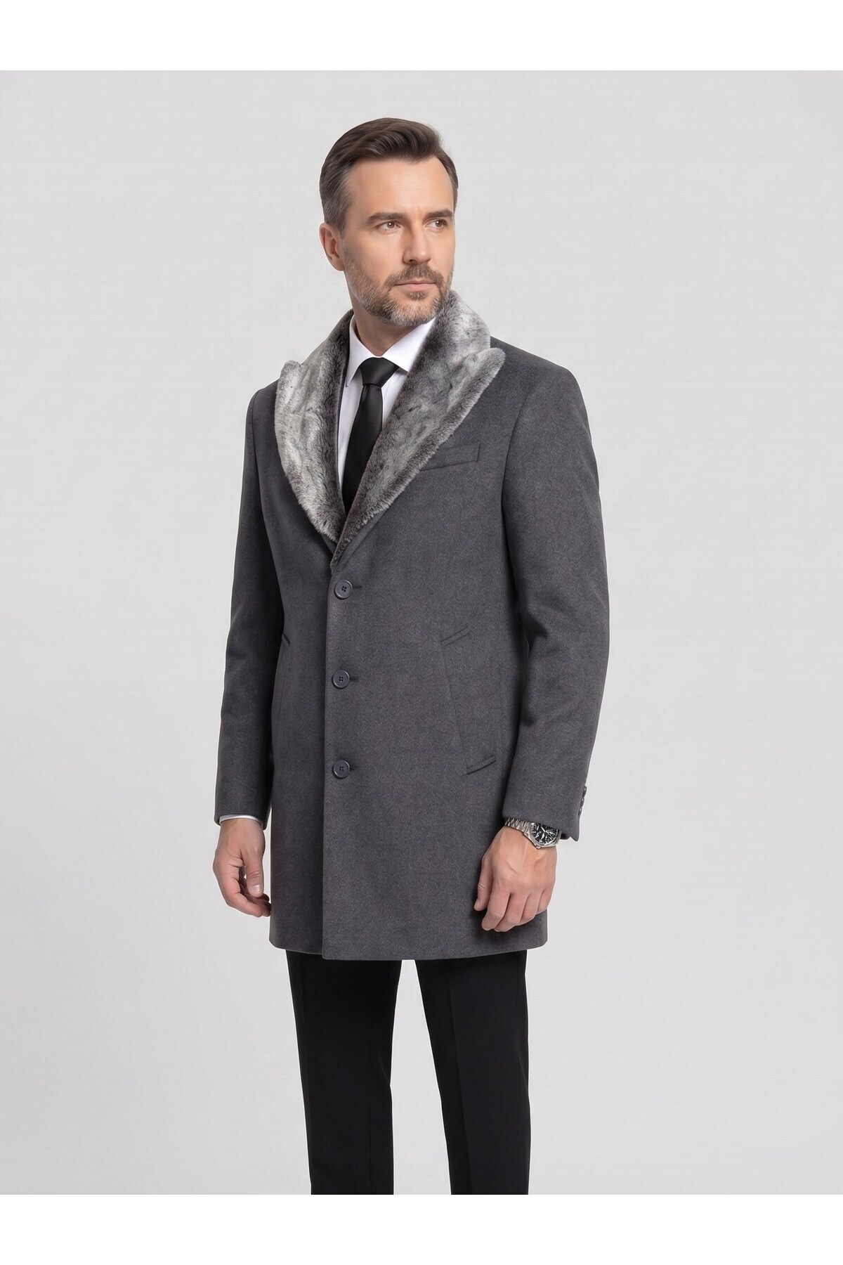Plus Scorpion Erkek Uzun Kaşe Kaban, Çıkartılabilir Kürk Yaka, Astarlı ve Cepli Slim Fit Mont görsel 4