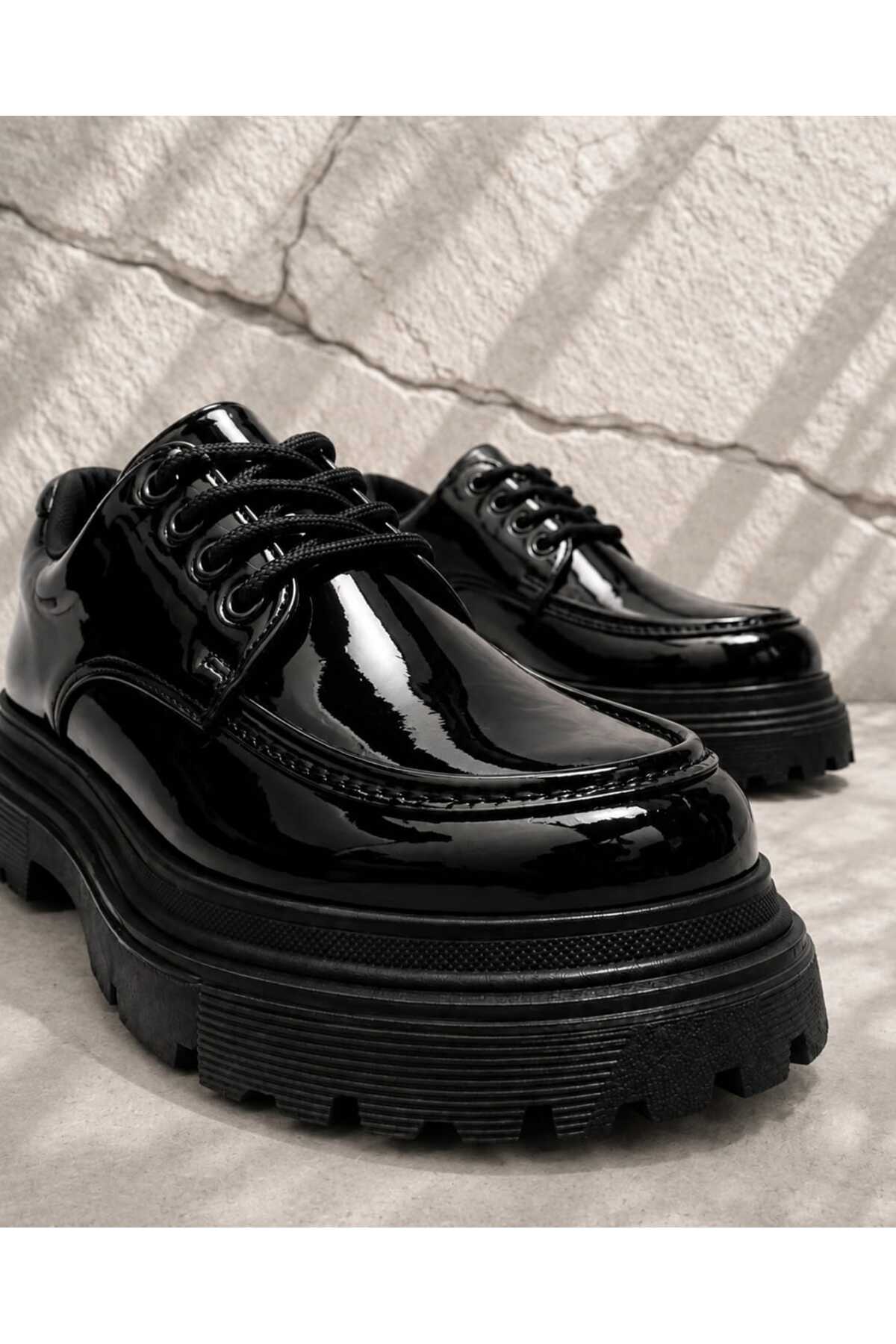 Mhoda Shoes Premium Bağlamalı Makosen Ayakkabı Siyah Rugan görsel 4