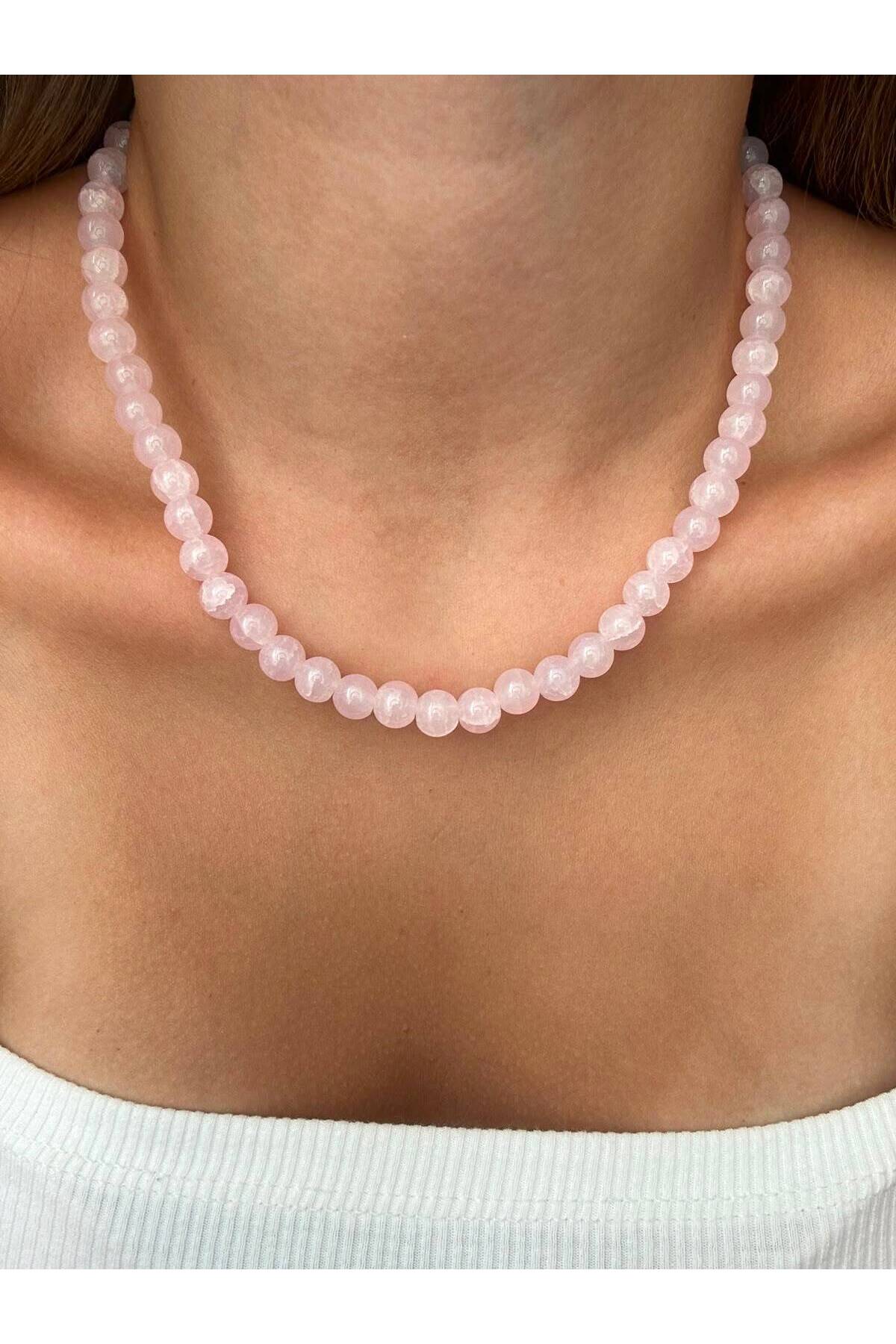 Toz Pembe Renk Sade Yazlık Boncuk Kadın Kolye - Detay Görseli 1