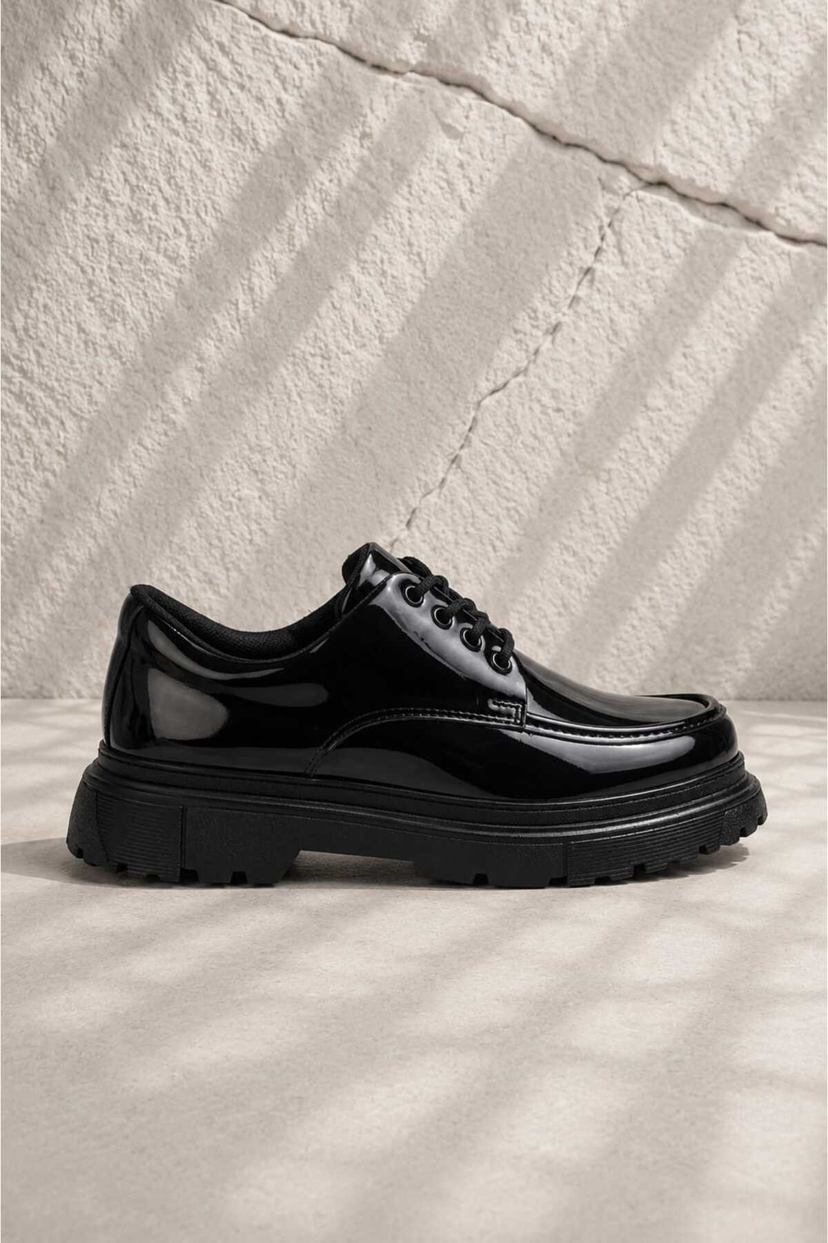 Mhoda Shoes Premium Bağlamalı Makosen Ayakkabı Siyah Rugan görsel 3