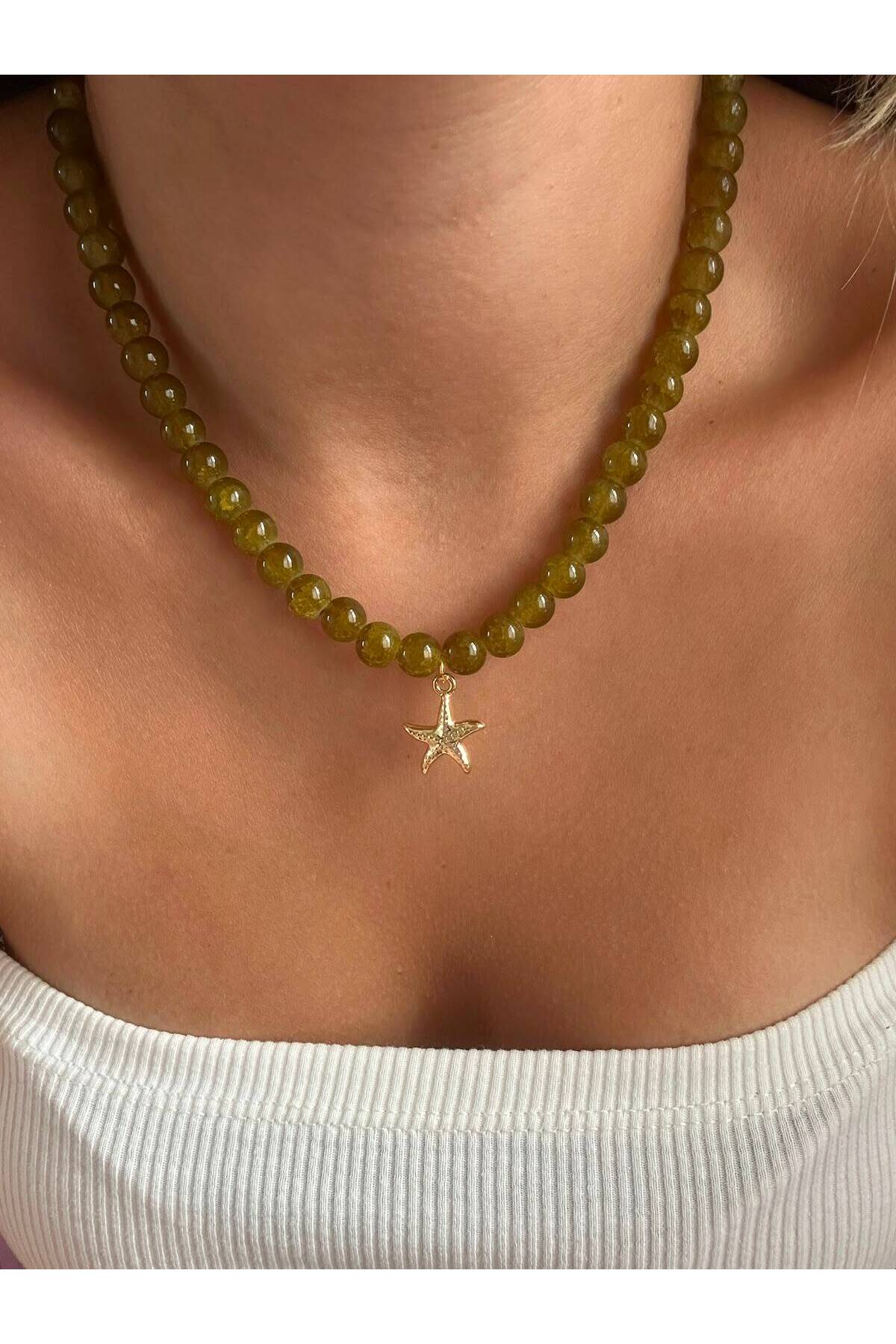 Gold Deniz Yıldızı Charm Yeşil Renk Yazlık Boncuk Kadın Kolye - Detay Görseli 1