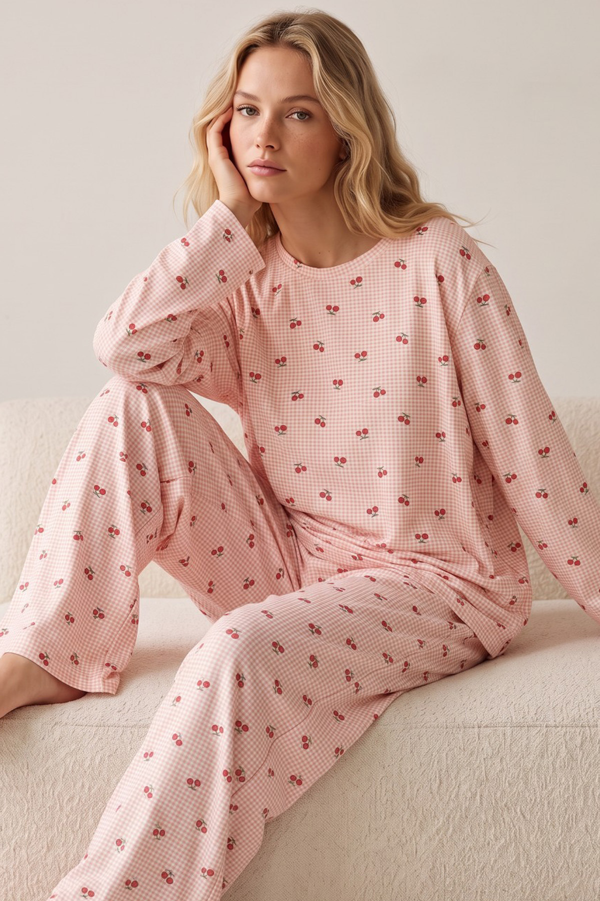 Siyah İnci Somon Kiraz Desenli Yumuşak Tuşe Kışlık Örme Pijama Takımı 8072