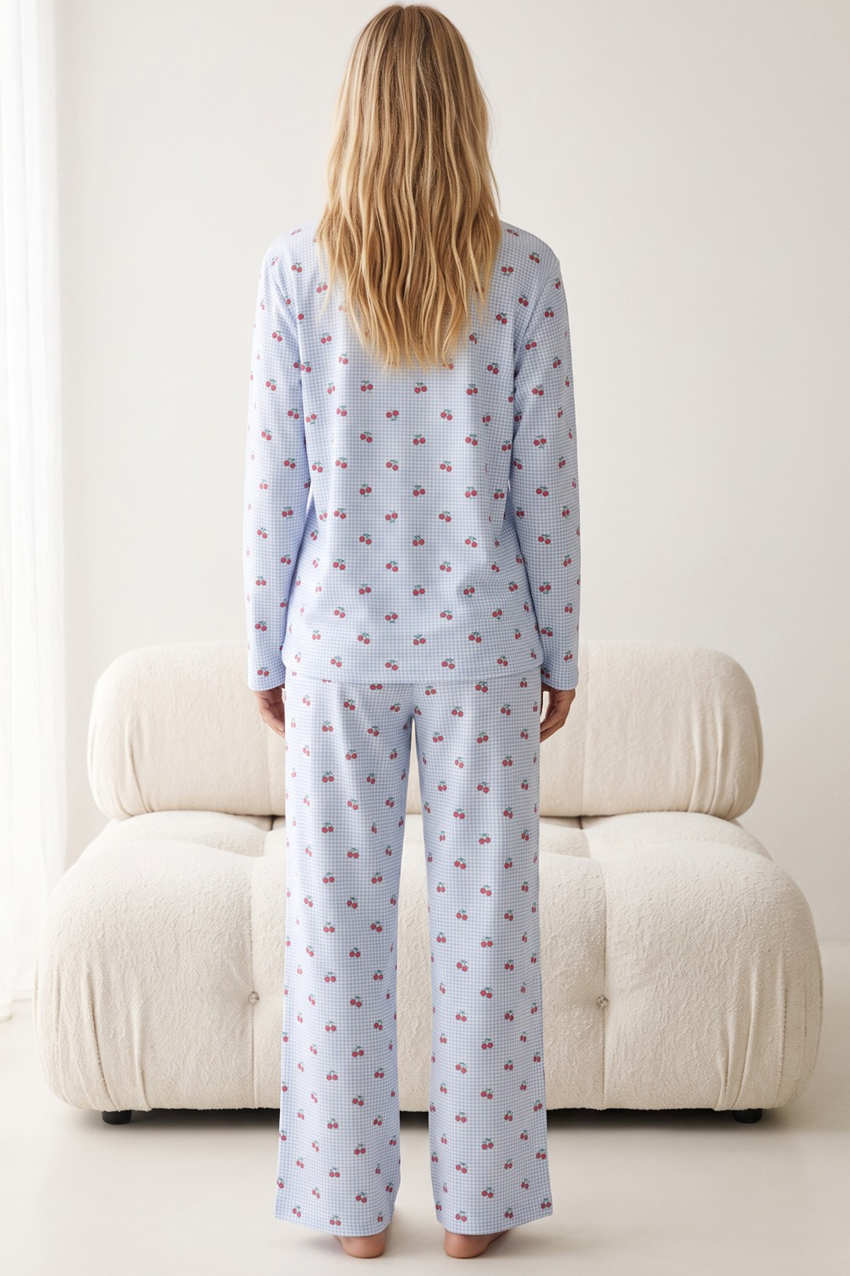 Siyah İnci Mavi Kiraz Desenli Yumuşak Tuşe Kışlık Örme Pijama Takımı 8072 görsel 3