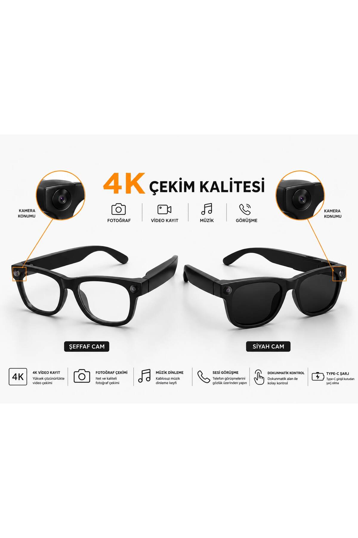 asfteknoloji 4K Kameralı-100 Dilde Çeviri-Yapay Zeka Destekli-Video ve Fotoğraf Çekimi Çift Polarize Camlı Akıllı Gözlük görsel 2