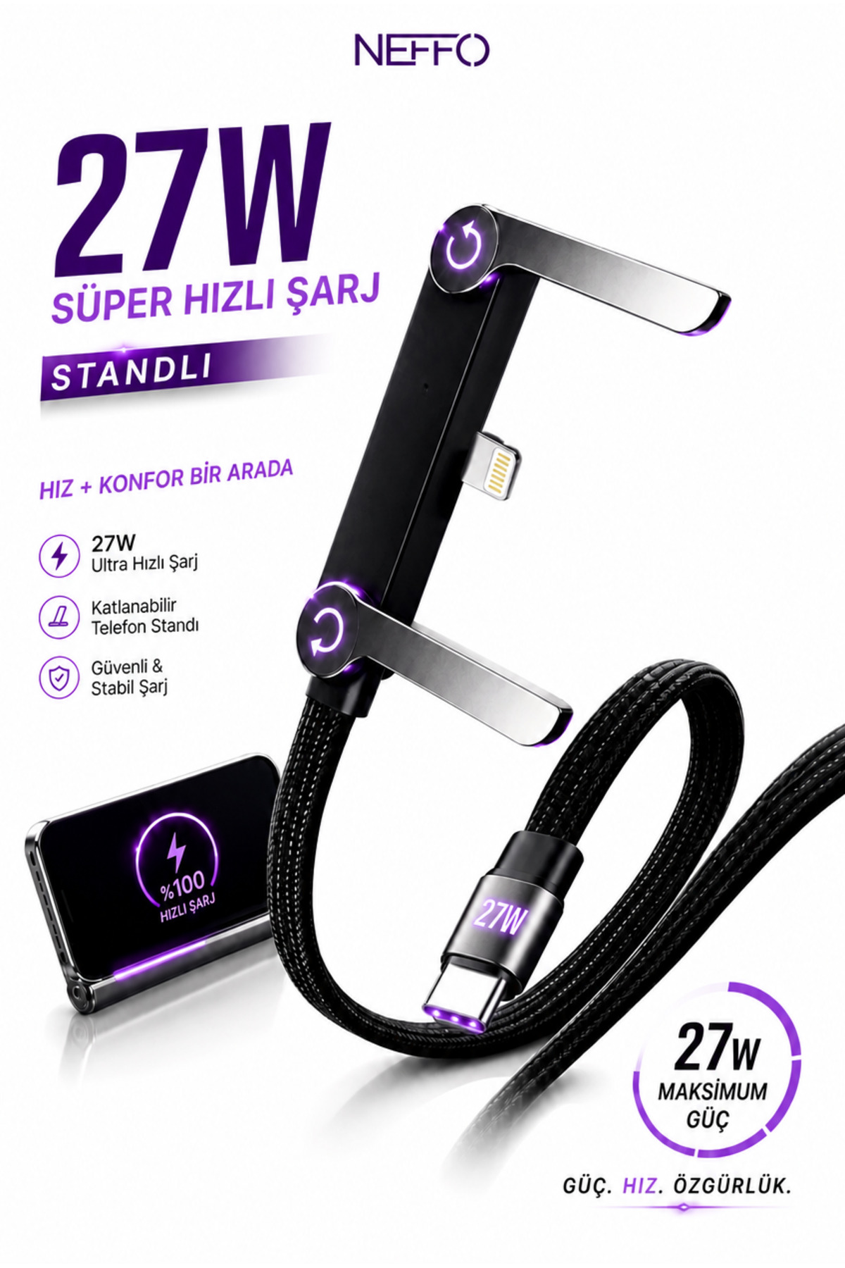 NEFFO 240W Ultra Hızlı Type-C Şarj Data Kablosu Katlanabilir