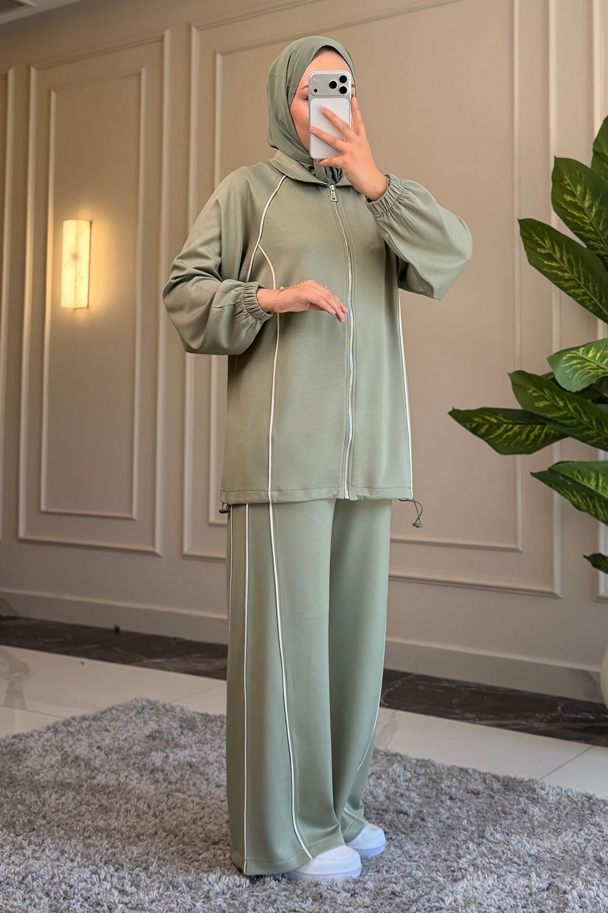 Suede Style 6628 - Şık Rahat Salaş Viskon Yumuşak İnterlok Kumaş Şerit Detaylı Kadın Takım görsel 2