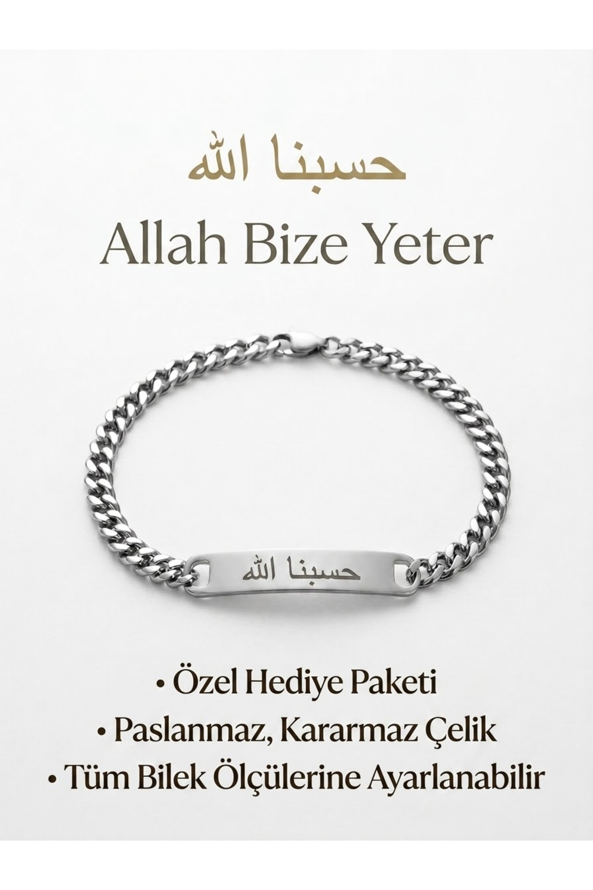 ruvelu Allah Bize Yeter - Kişiye Özel Çelik Künye Bileklik - Unisex - Paslanmaz Kararmaz - Sevgili, Arkadaş Hediyelik