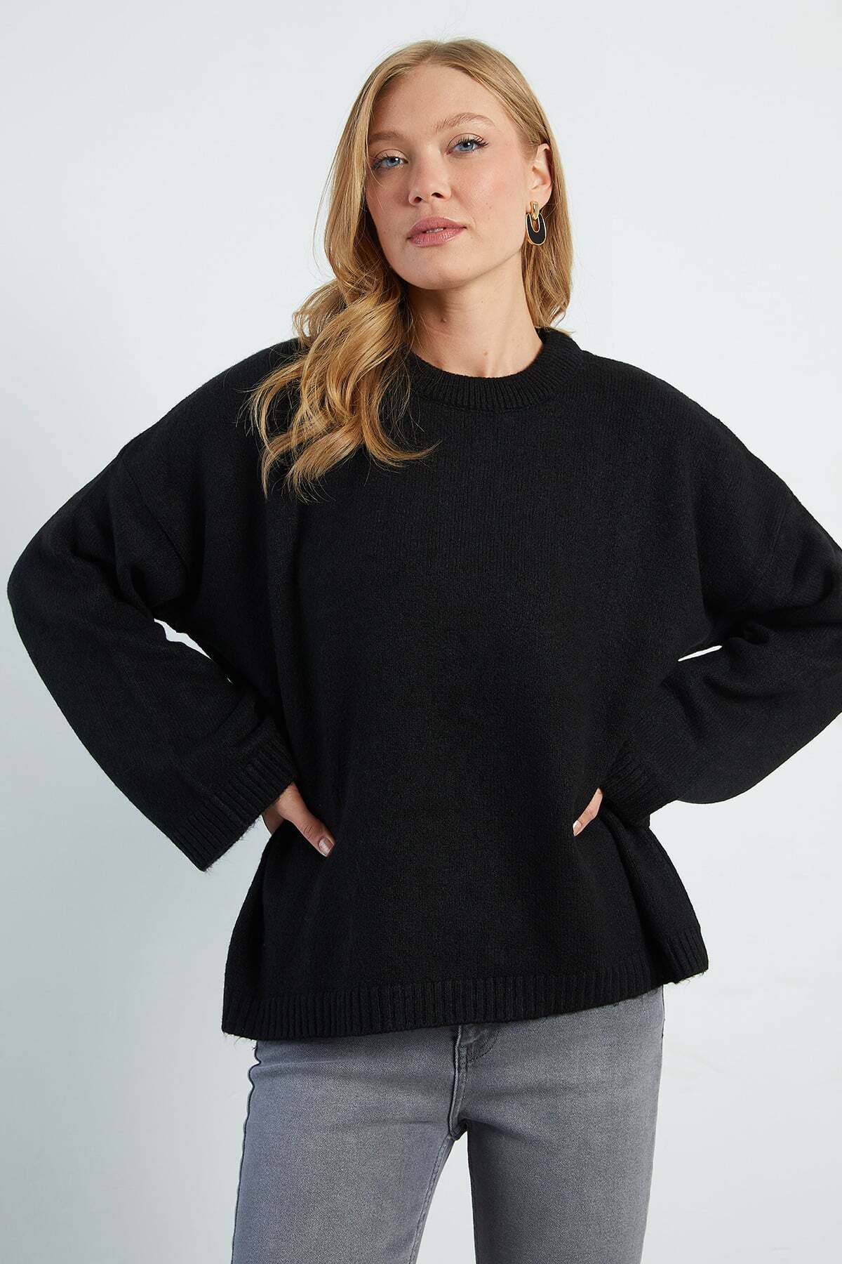 Fulla Moda Basic Bisiklet Yaka Salaş Triko Kazak görsel 6