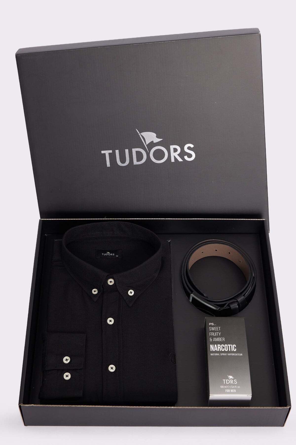 Tudors Özel Kutulu Erkek 3'lü Set Gömlek, Parfüm Ve Kemer Hediyelik Çeyizlik Damat Bohçası Seti