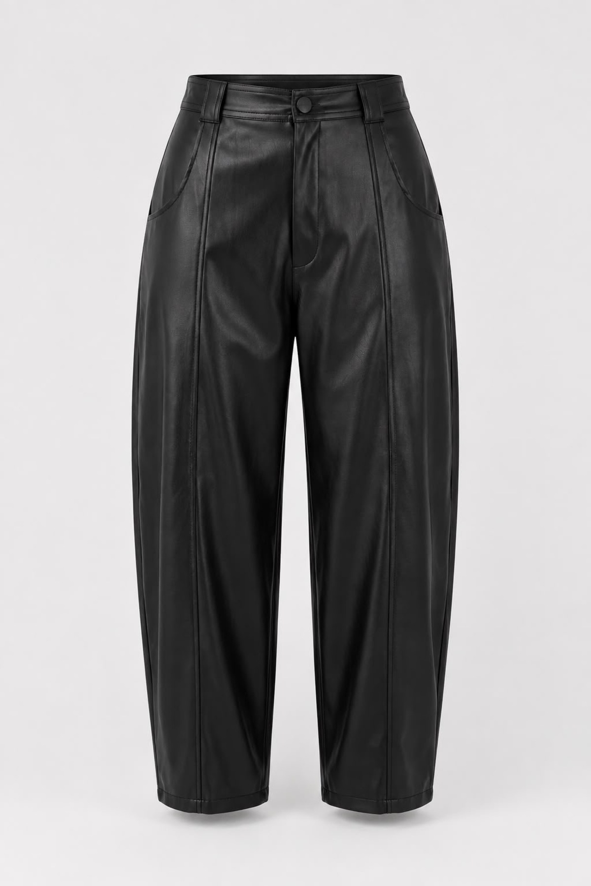 Grenj Fashion Siyah Yüksek Bel Barrel Boru Paça Suni Deri Pantolon görsel 7