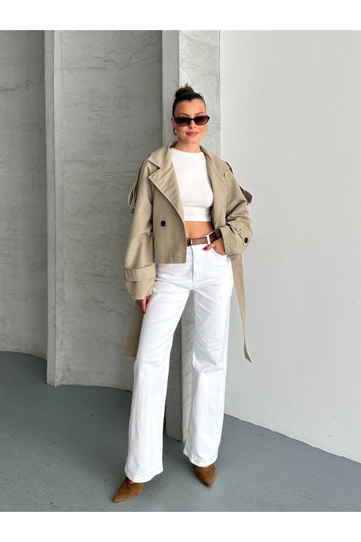 Ekim Store Kruvaze Kuşaklı Düğmeli Crop Ceket görsel 4