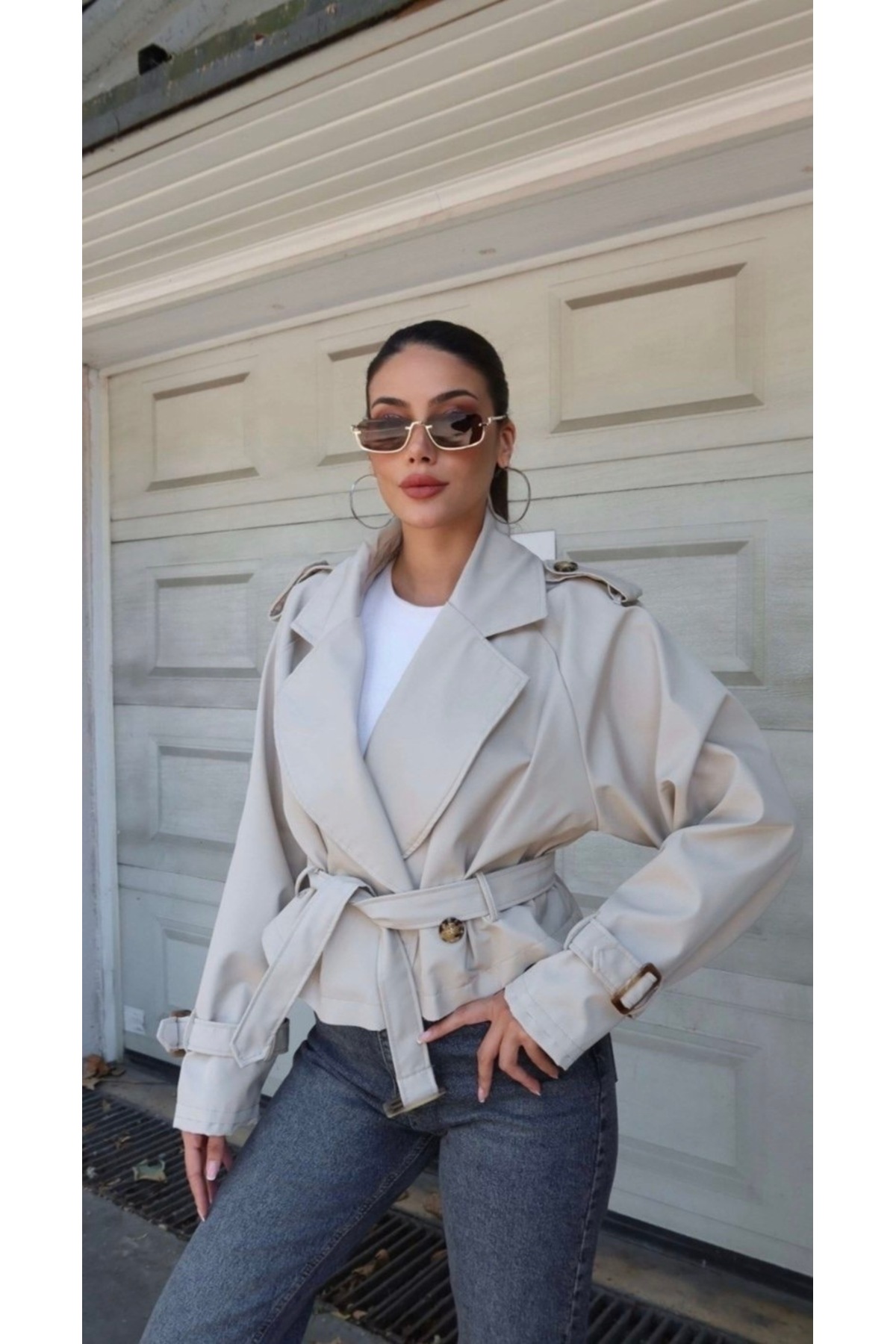 Ekim Store Kruvaze Kuşaklı Düğmeli Crop Trenç Ceket görsel 4