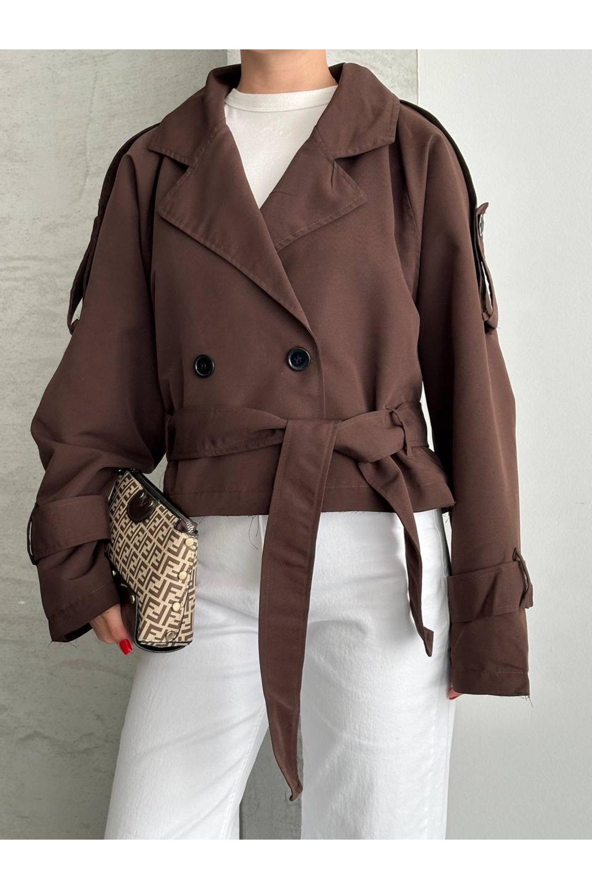 Ekim Store Kruvaze Kuşaklı Düğmeli Crop Ceket görsel 2