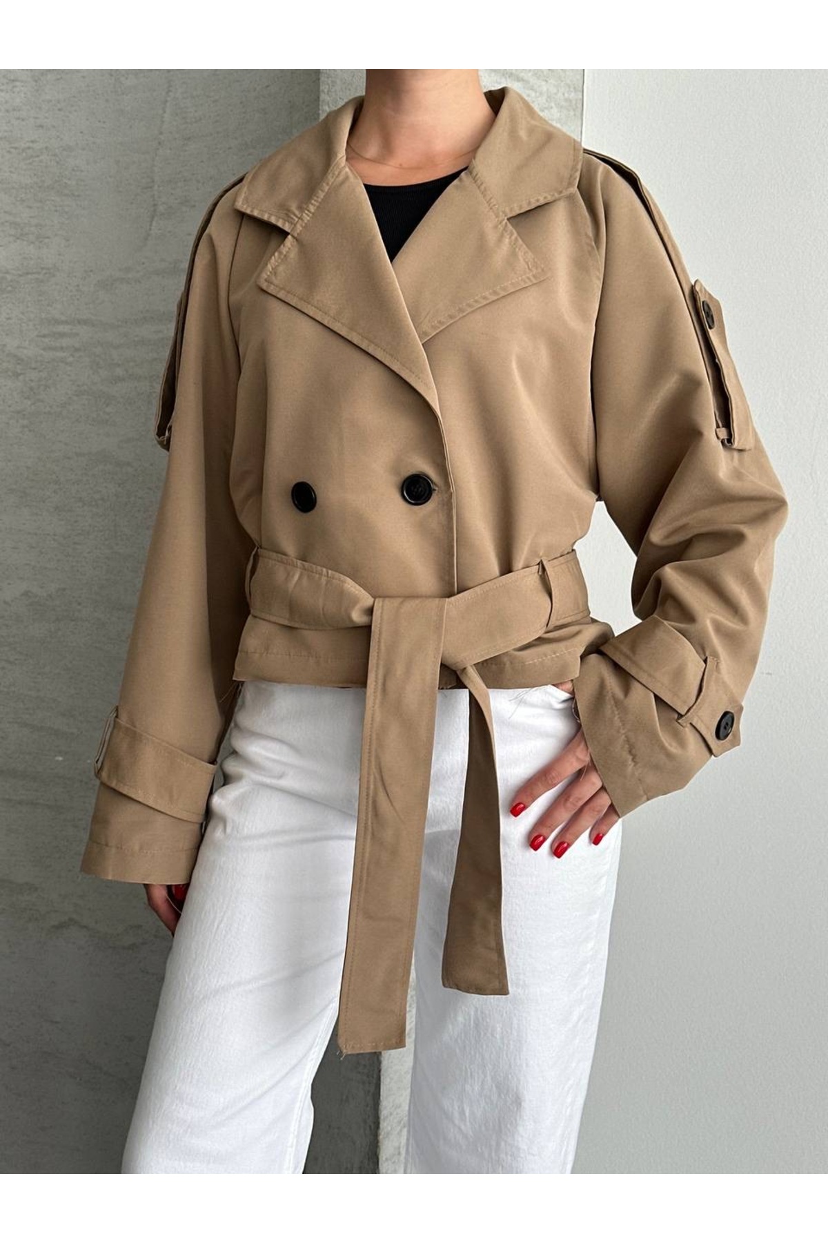Ekim Store Kruvaze Kuşaklı Düğmeli Crop Ceket görsel 2