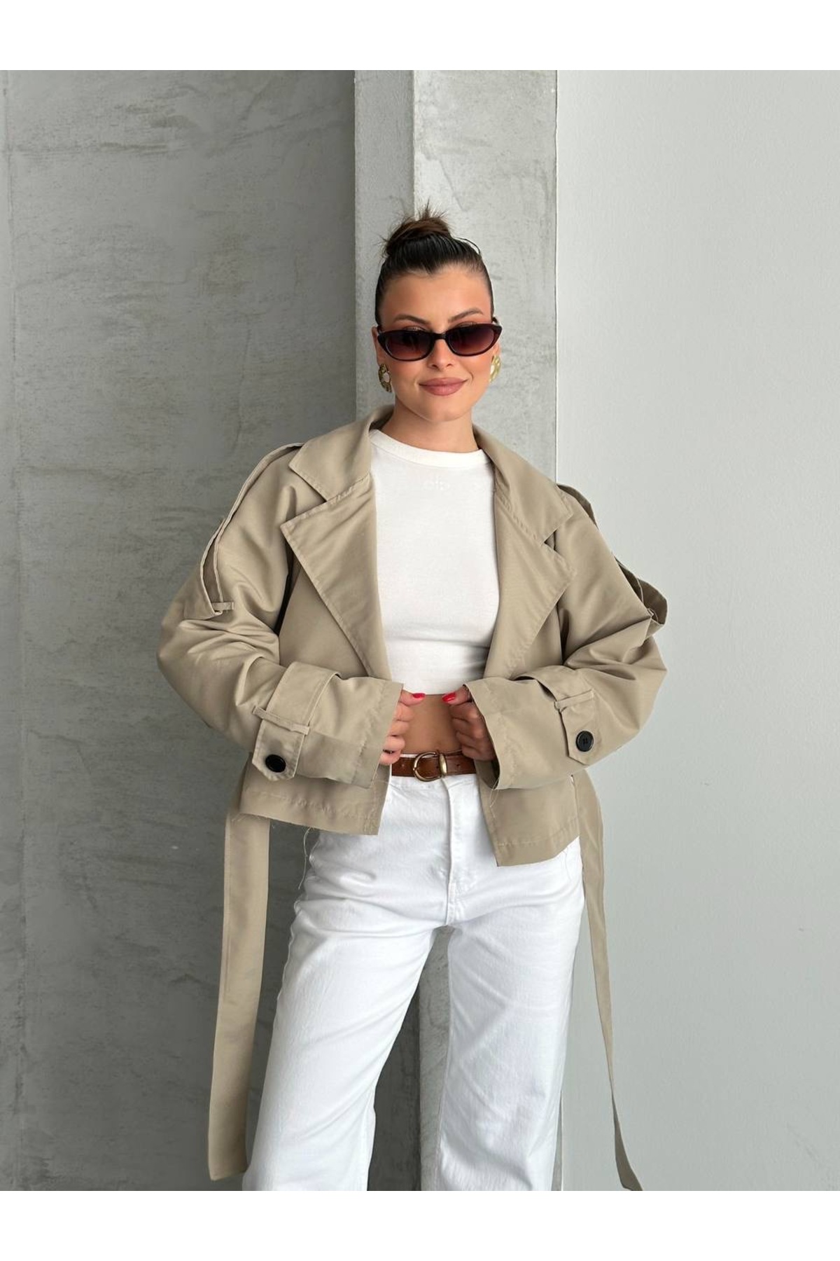Ekim Store Kruvaze Kuşaklı Düğmeli Crop Ceket görsel 2