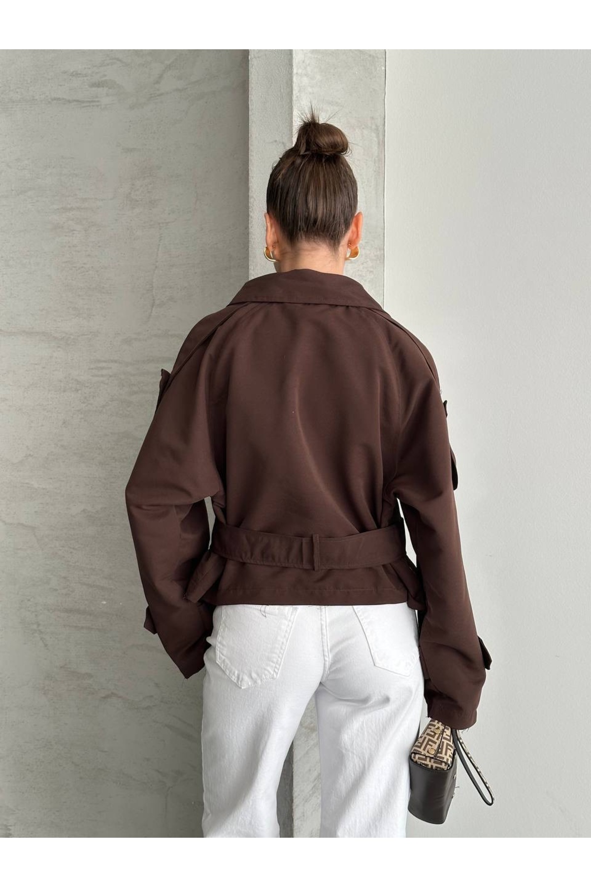 Ekim Store Kruvaze Kuşaklı Düğmeli Crop Ceket görsel 5