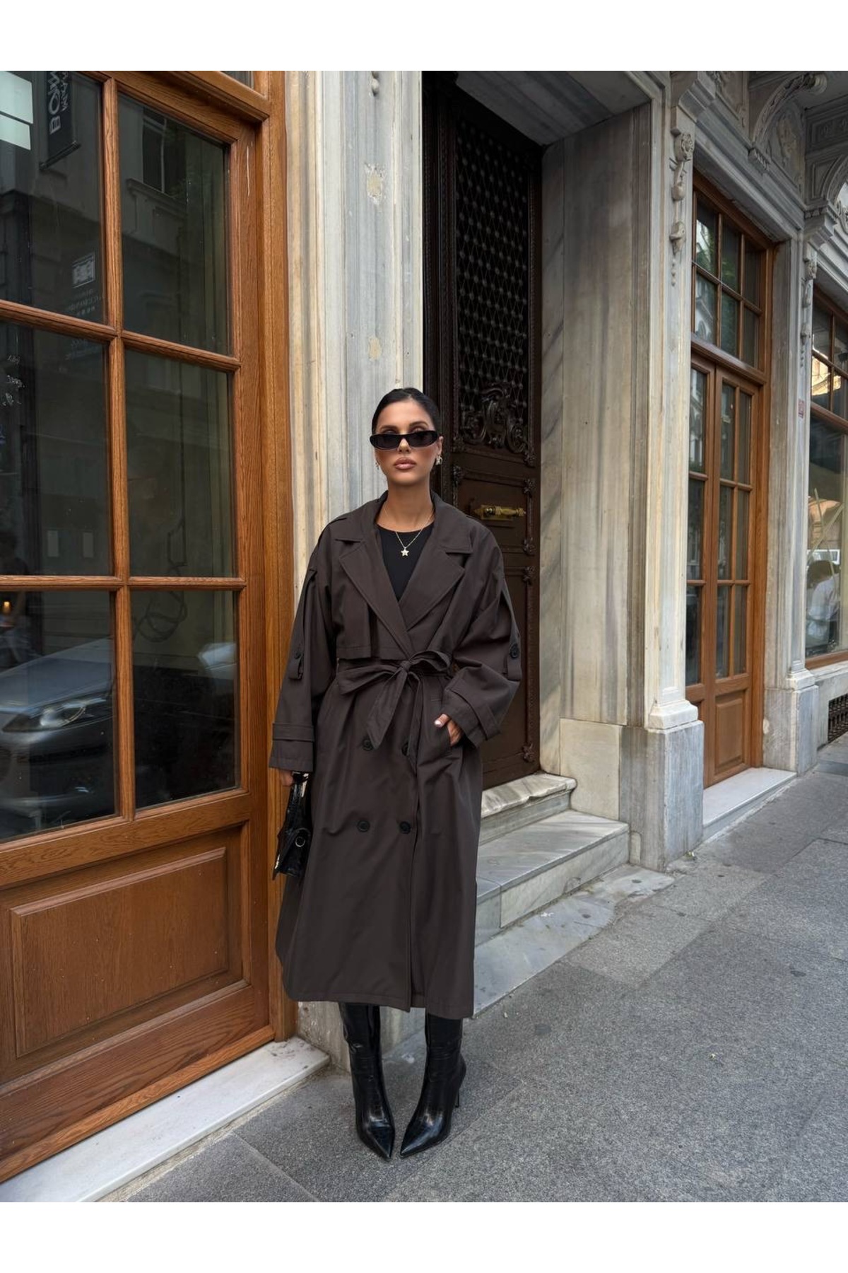 Ekim Store Oversize Pelerinli Kuşaklı Uzun Trençkot görsel 2
