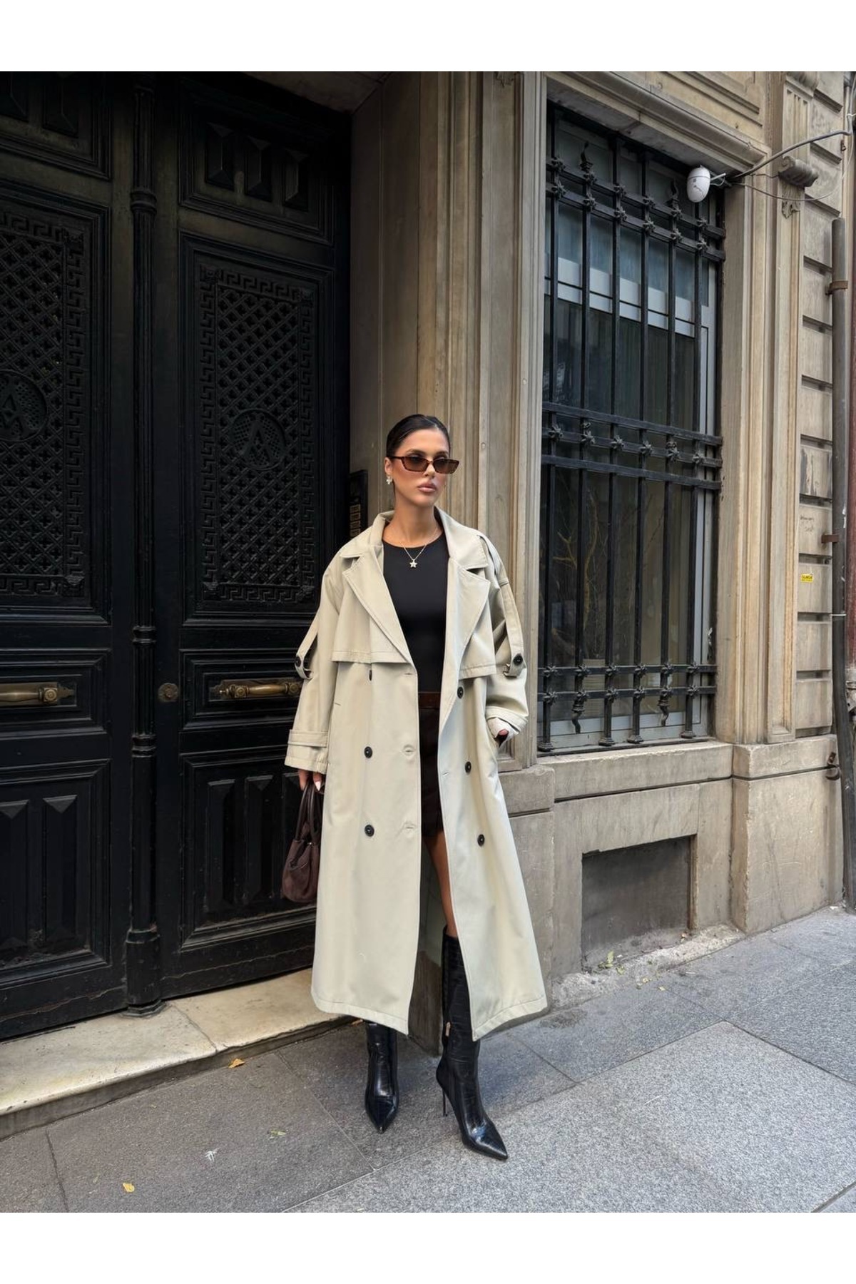 Ekim Store Oversize Pelerinli Kuşaklı Uzun Trençkot görsel 5