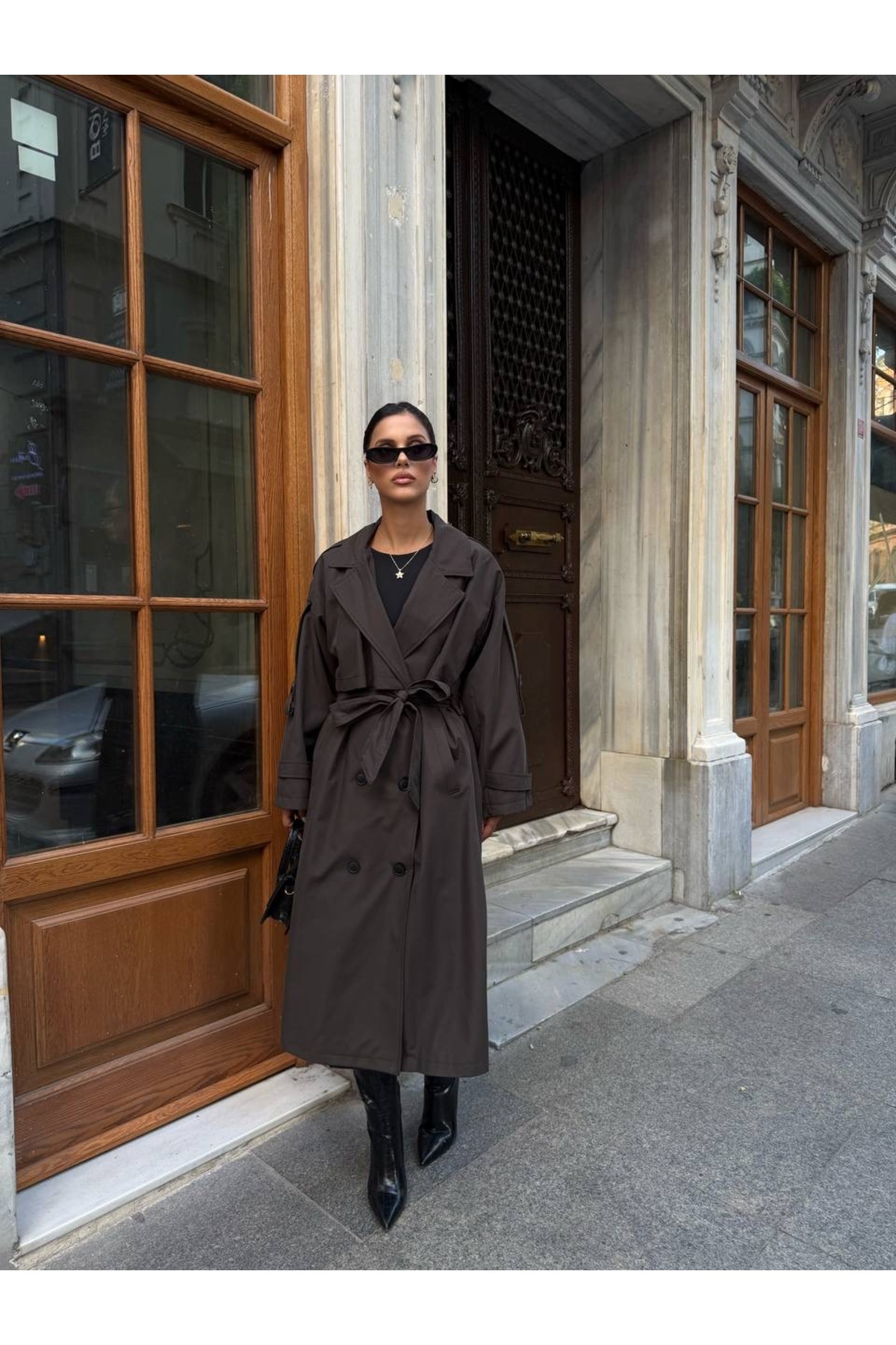 Ekim Store Oversize Pelerinli Kuşaklı Uzun Trençkot görsel 5