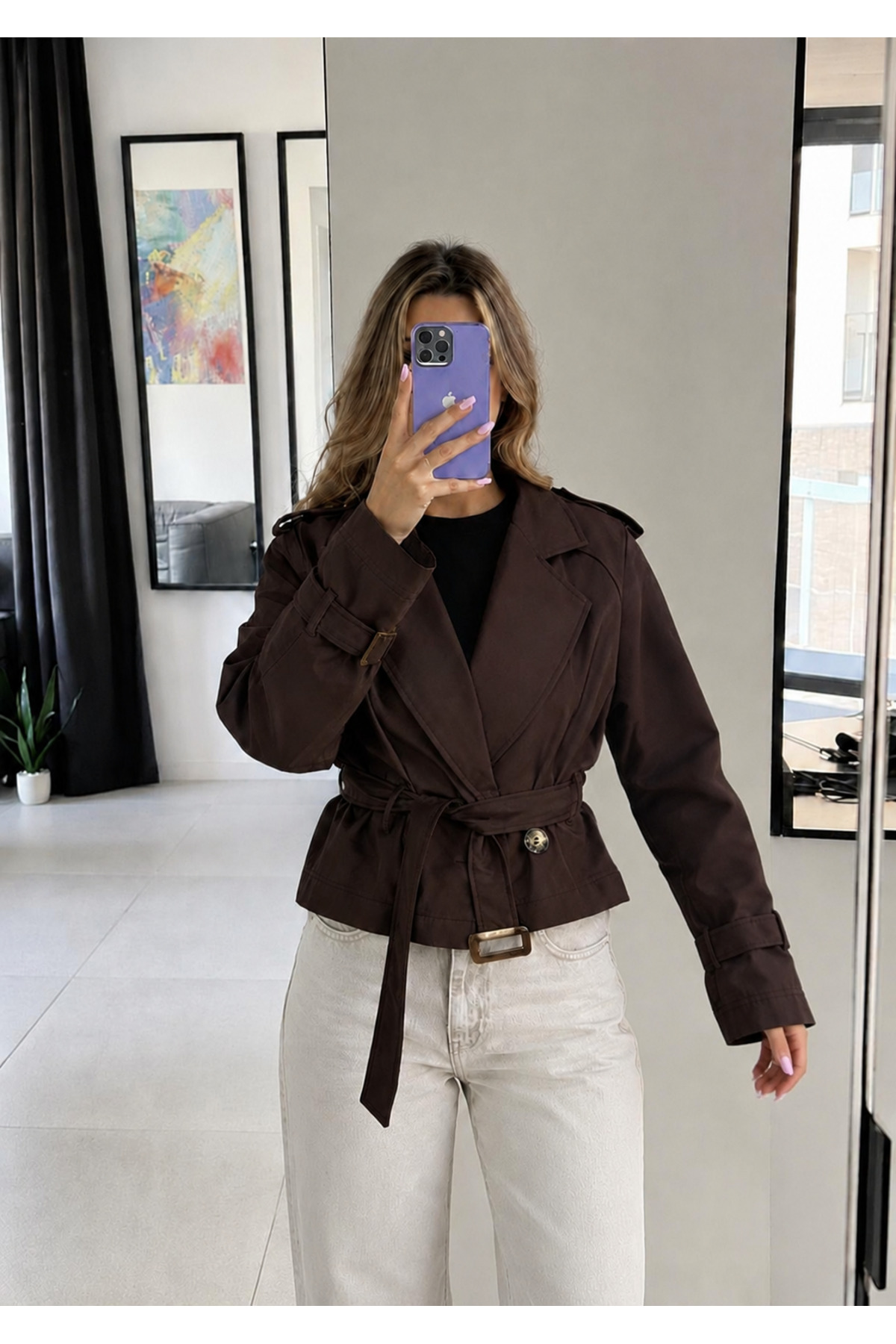 Ekim Store Kruvaze Kuşaklı Crop Trenç Ceket