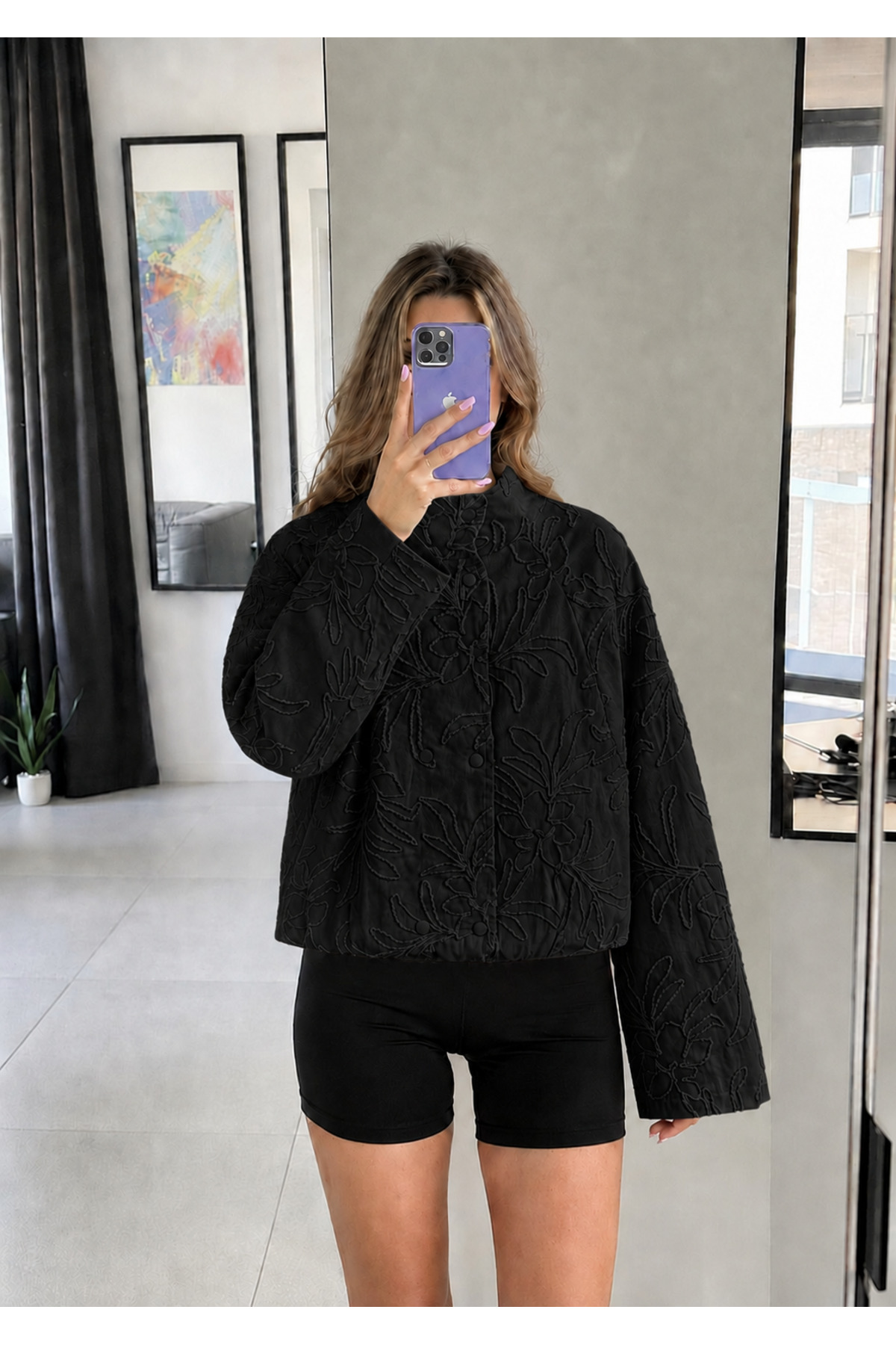 Ekim Store Çiçek Nakışlı Çıtçıtlı Bomber Ceket görsel 6