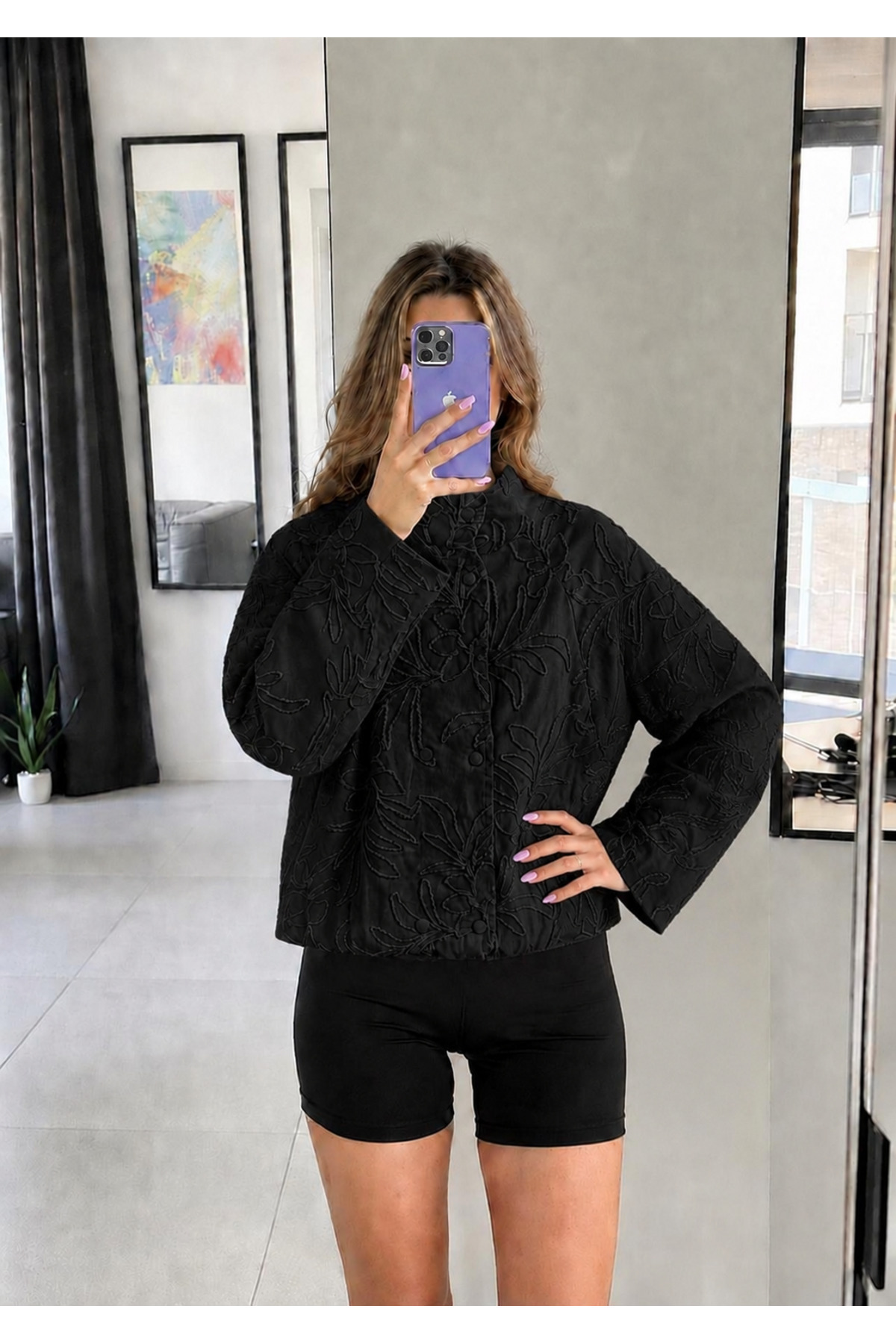 Ekim Store Çiçek Nakışlı Çıtçıtlı Bomber Ceket görsel 2