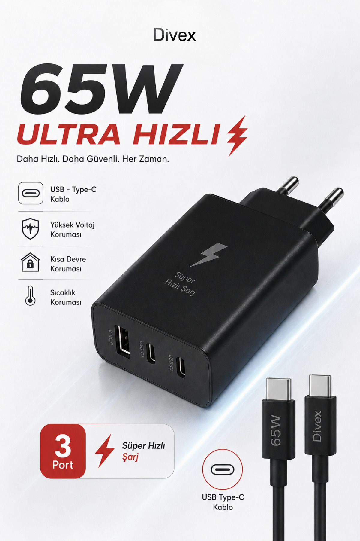 Divex 65W Ultra Hızlı Şarj Seti – 3 Portlu USB-C + USB-A Adaptör + Type-C Hızlı Şarj Kablosu