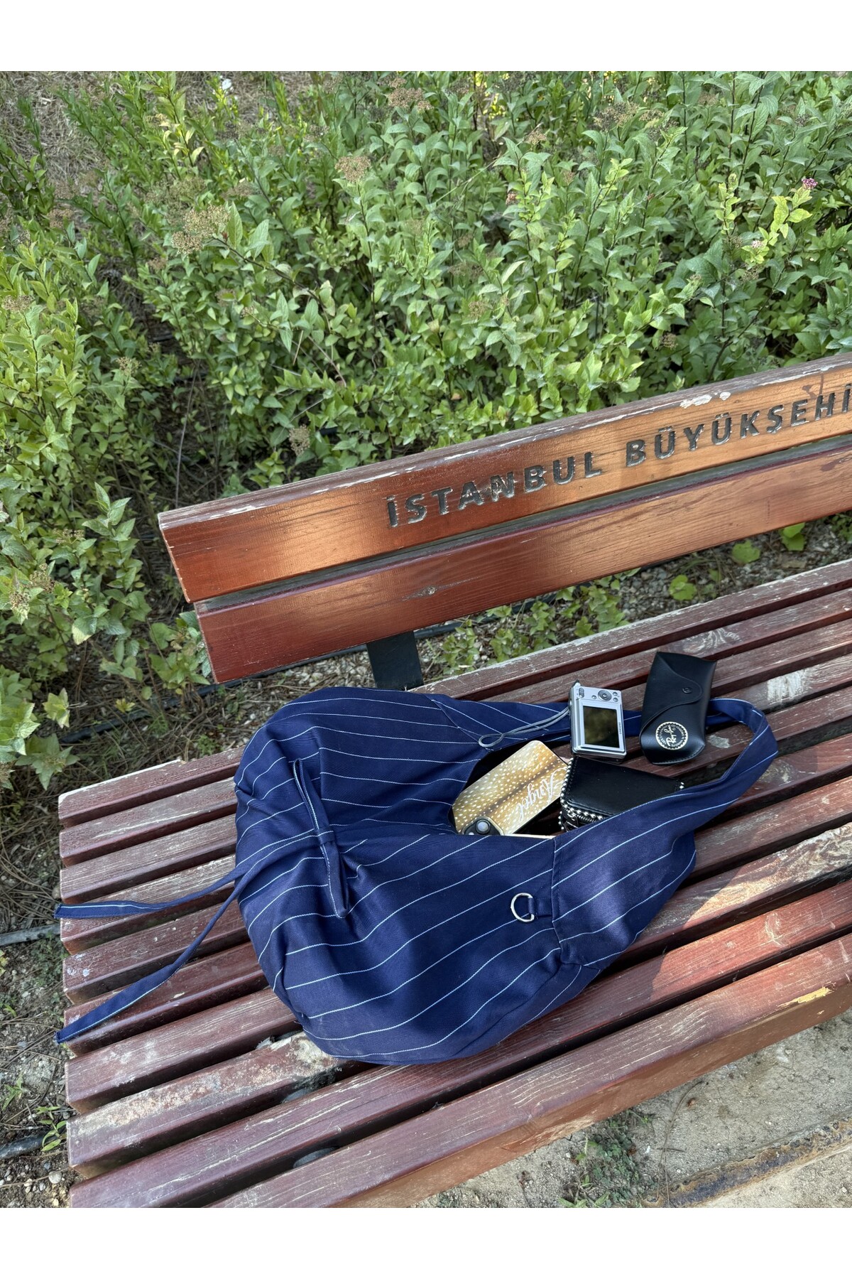 RONASBAG Jo Bag Geniş Hacimli 4 Cepli Lacivert Çizgili Kurdele Detaylı Omuz Çantası görsel 3