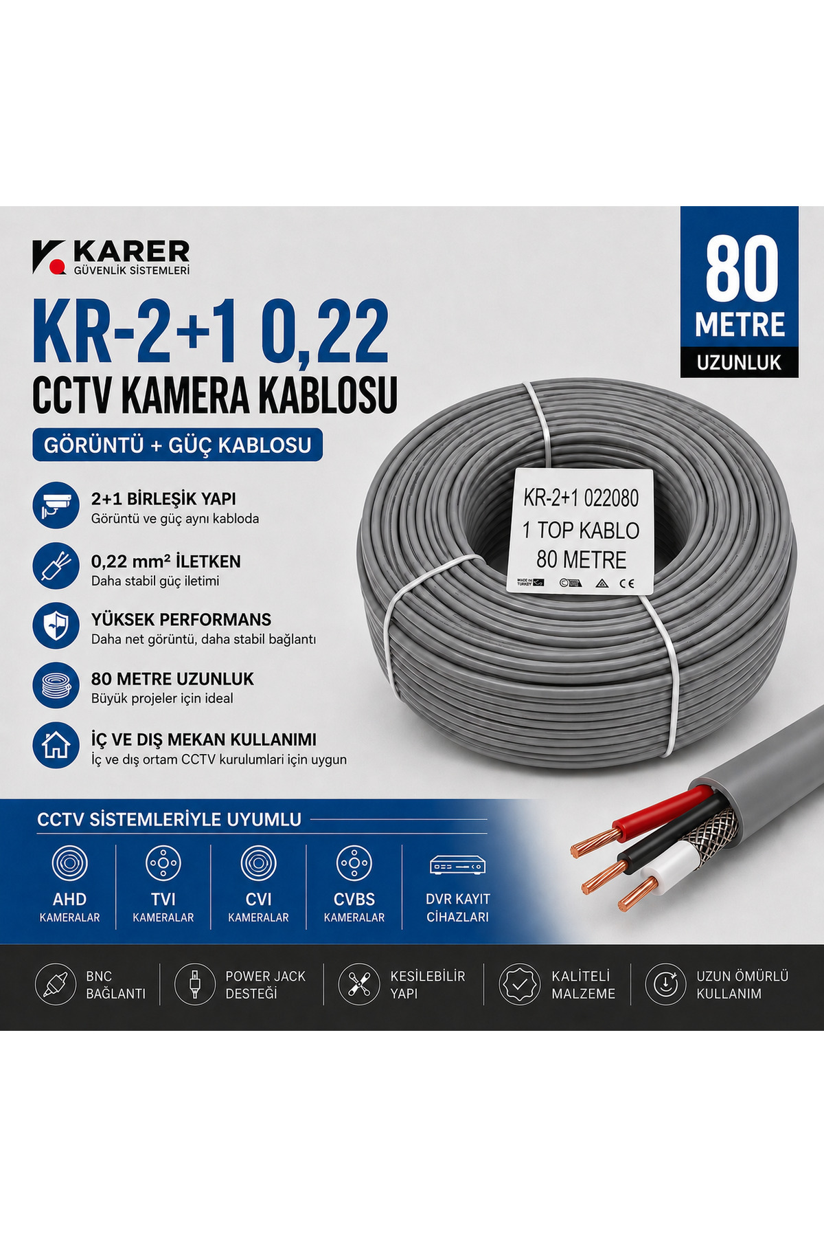 2+1 0,22 CCTV Güvenlik Kamera Kablosu 80 Metre – Görüntü ve Güç Birleşik Kablo