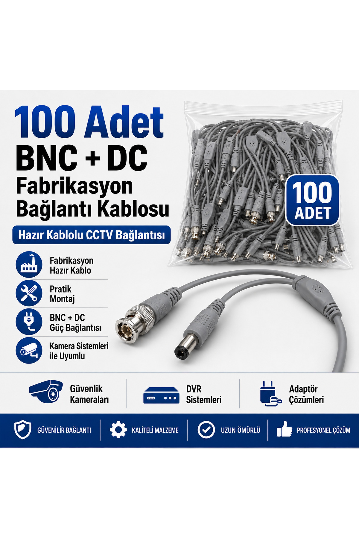 100 Adet Fabrikasyon BNC + DC Power Jack Kablolu CCTV Güvenlik Kamera Görüntü ve Güç Bağlantı Kablos