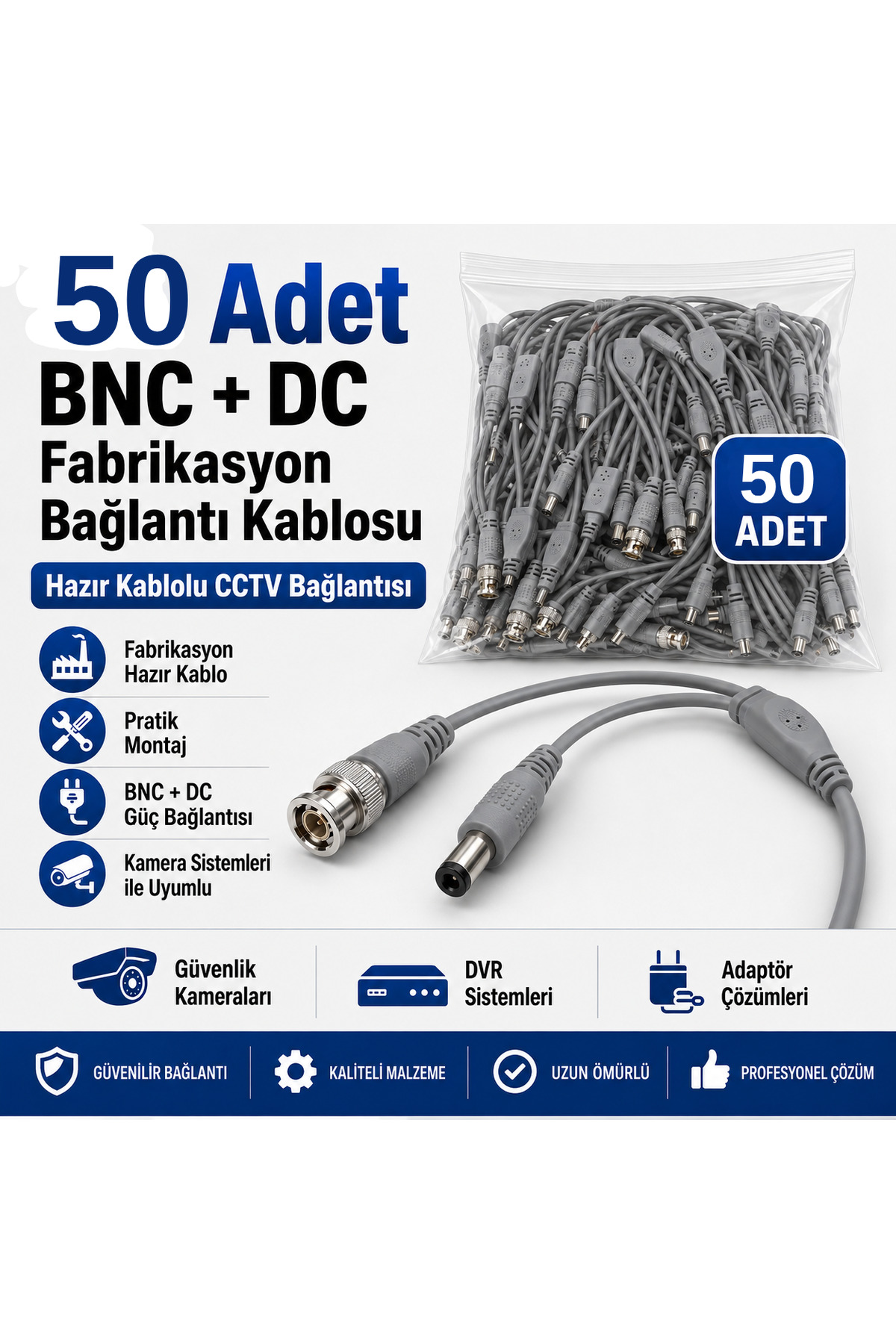 50 Adet Fabrikasyon BNC + DC Power Jack Kablolu CCTV Güvenlik Kamera Görüntü ve Güç Bağlantı Kablosu
