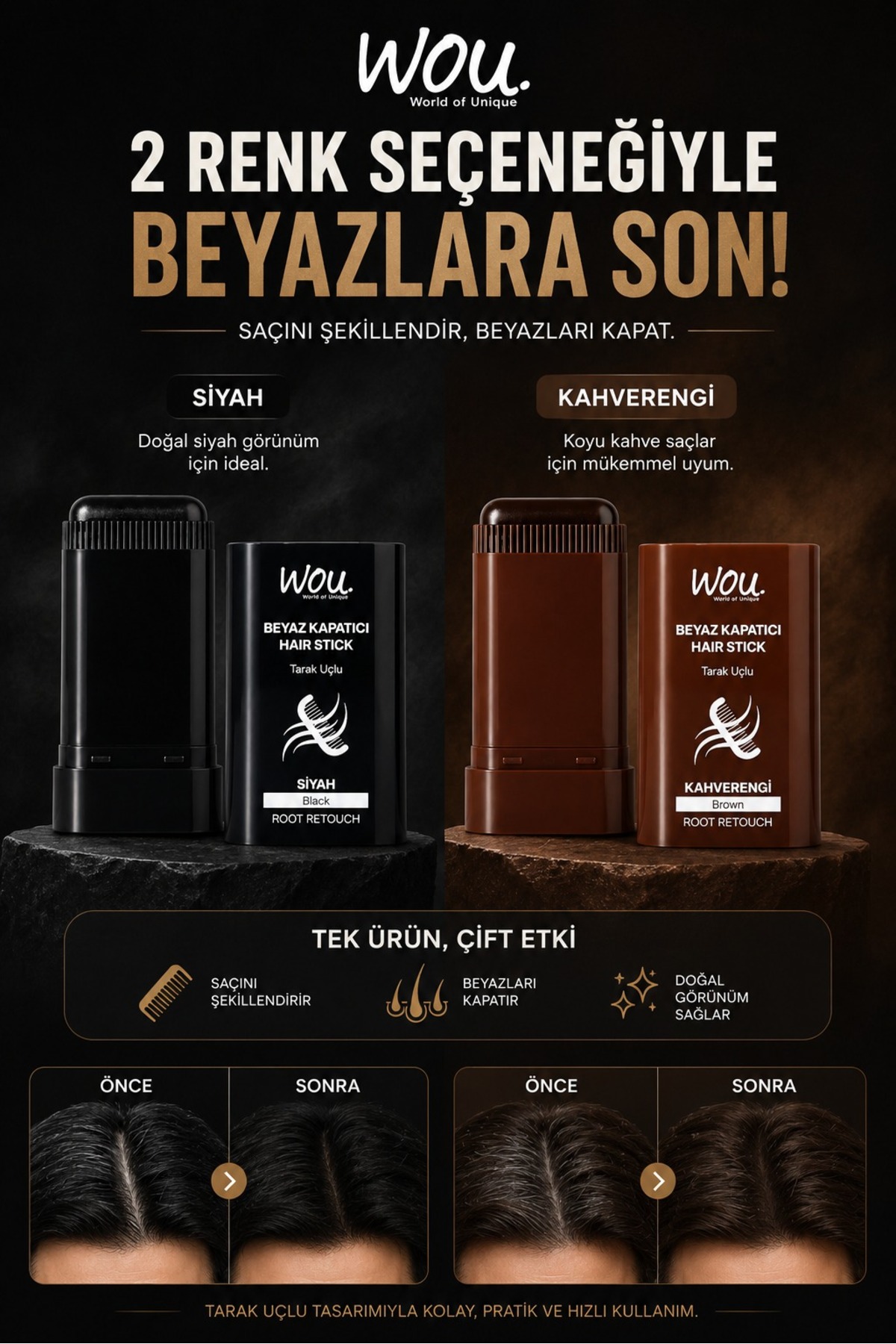 3 Adet.Beyaz Kapatıcı Tarak Uçlu Saç Stick/Siyah.Anında Kapatıcı — 3LÜSİYAHBOYA — تصویر 4 از 5