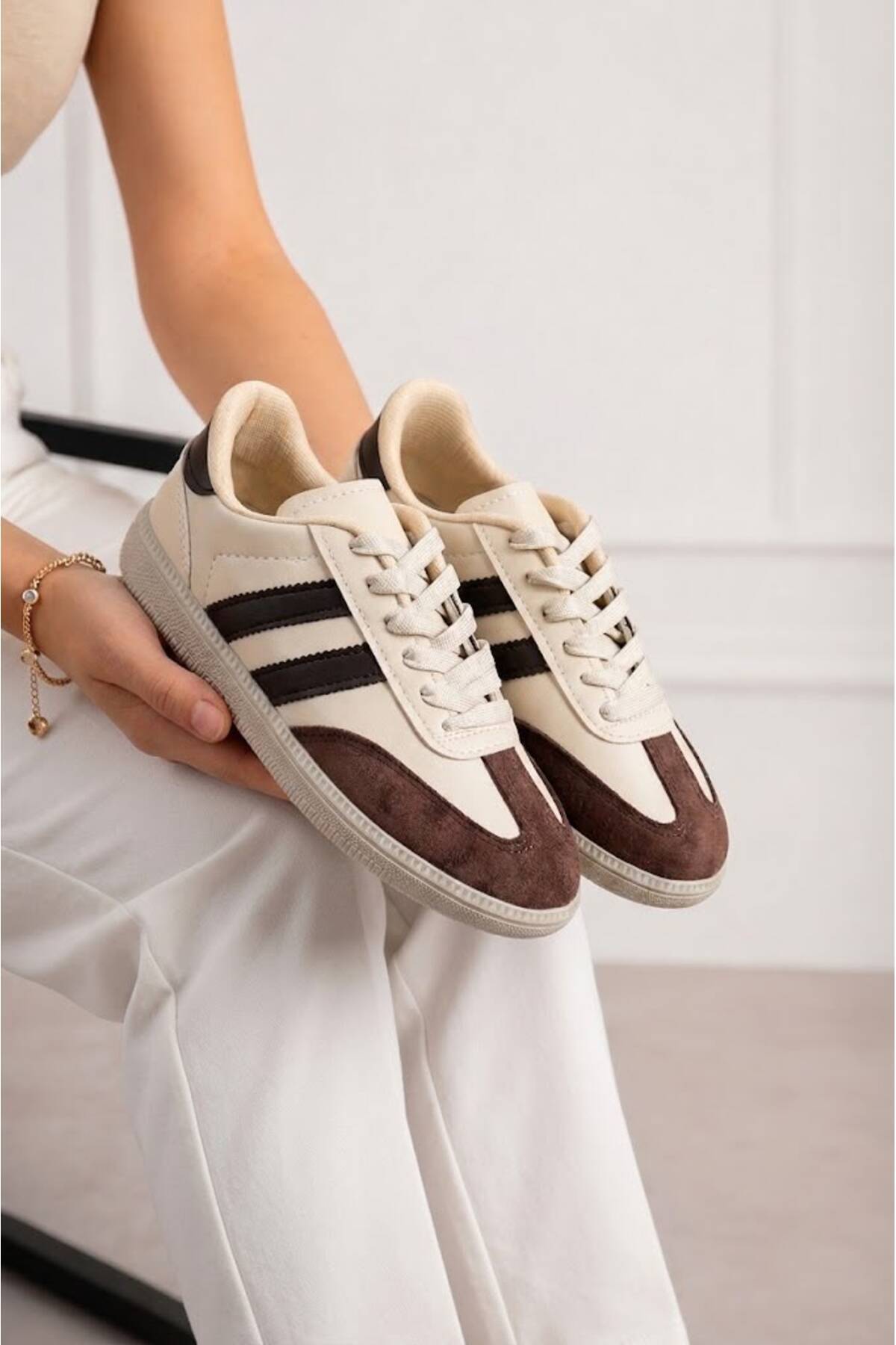 eformoda by emre yılmaz Bej Kahve Unisex Kadın Erkek Şeritli Rahat Taban Günlük Sneaker Spor Ayakkabı Sm03 görsel 3