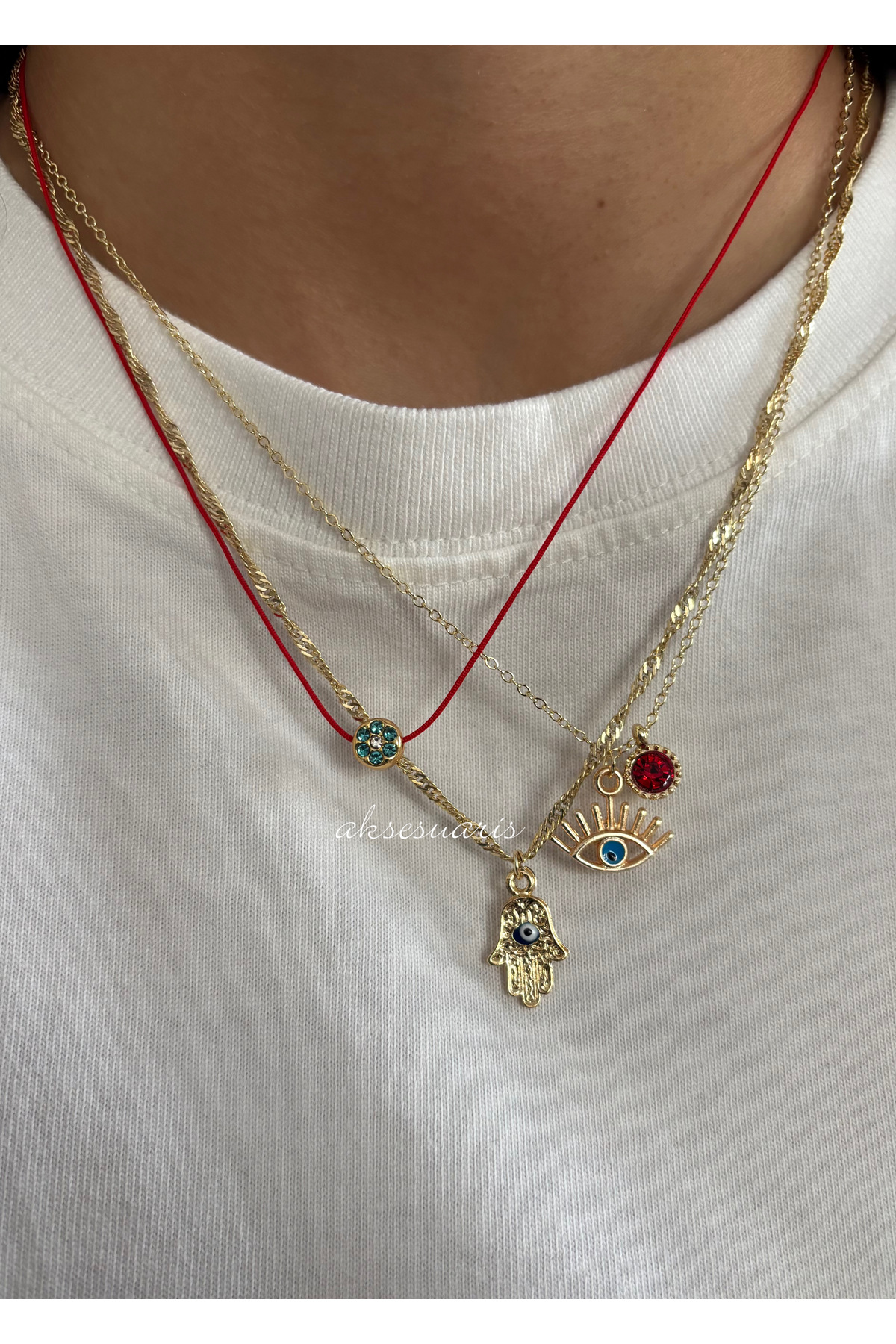aksesuaris 3'lü Şans Kolyesi Kırmızı İpli Zirkon Charm Gold Kadın Kolye Set görsel 4
